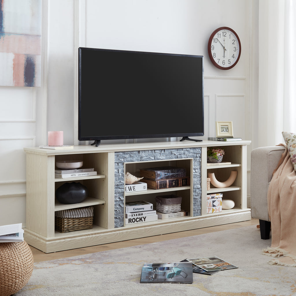 Large TV Desk Storage Rack with Faux Stacked Stone Surround,Media Console Table with Large Storage Cabinet,Modern TV Media Entertaionment Stand,WHITE, 70.12'W*15.35'D*25.83'H - Grand Goldman Shop
