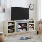 Large TV Desk Storage Rack with Faux Stacked Stone Surround,Media Console Table with Large Storage Cabinet,Modern TV Media Entertaionment Stand,WHITE, 70.12'W*15.35'D*25.83'H - Grand Goldman Shop