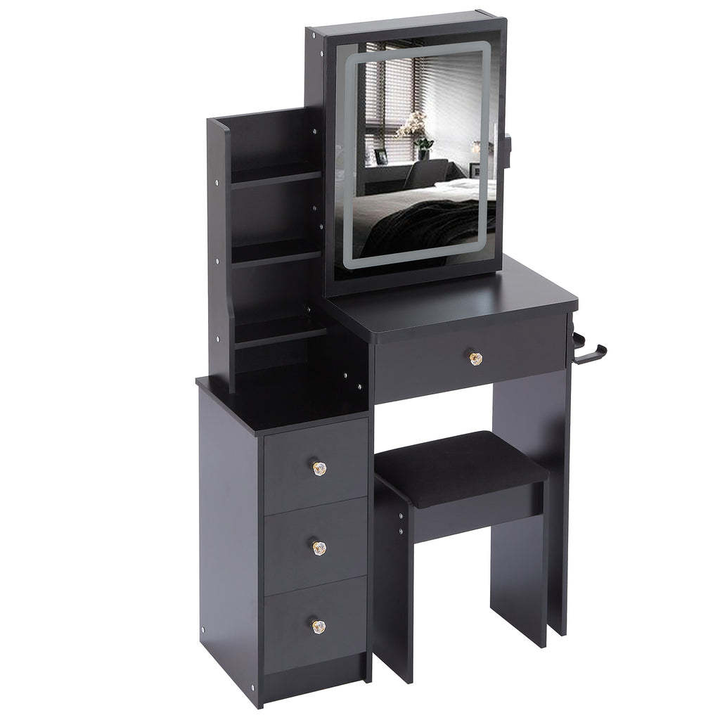 29.2' Small Size Left Bedside Cabinet Vanity Table + Cushioned Stool, 2 AC+2 USB Power Station, Hair dryer bracket, Extra Large Touch Control Sliding LED Mirror, Tri-color Switching, Brightness Adjust - Grand Goldman Shop