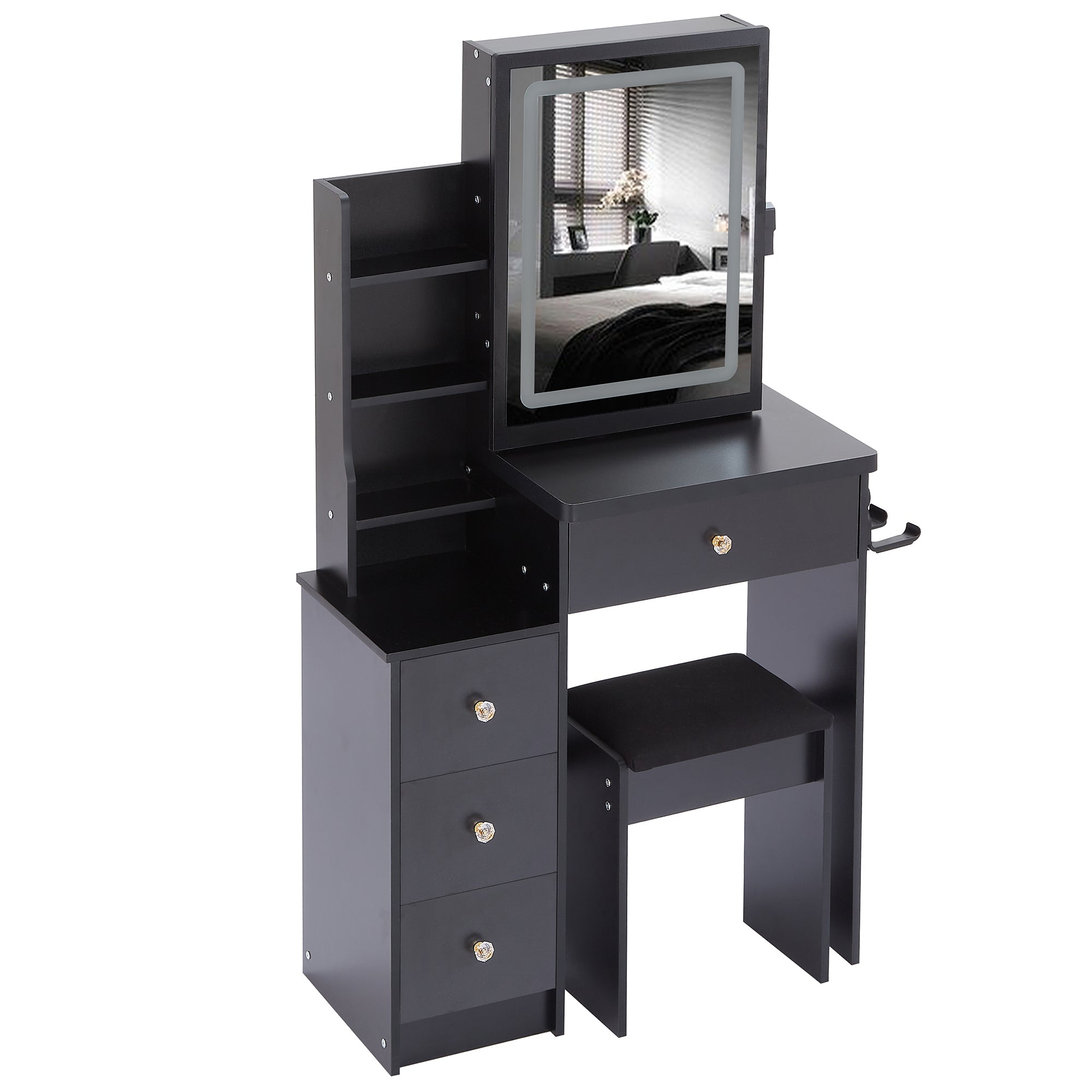 29.2' Small Size Bedside Cabinet Vanity Table + Cushioned Stool, 2 AC+2 USB Power Station, Hair dryer bracket, Extra Large Touch Control Sliding LED Mirror, 3-color Switching, EPA, GCC, UL Certificate - Grand Goldman Shop