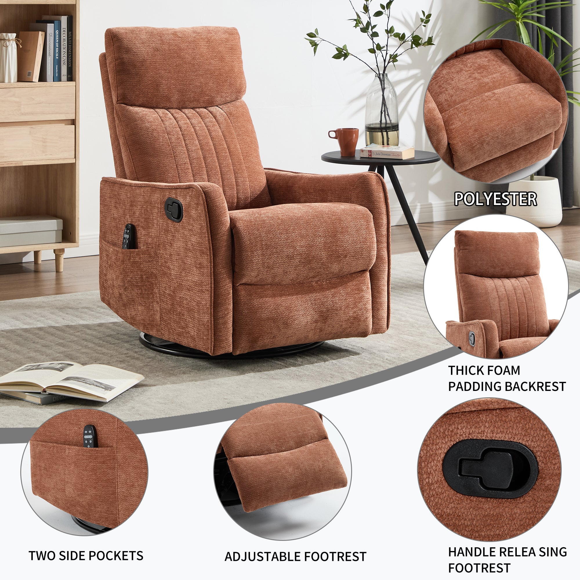 Orange Heat Massage Manual Recliner Chair with Rocker and Swivel in Fabric for Living Room - Grand Goldman Shop