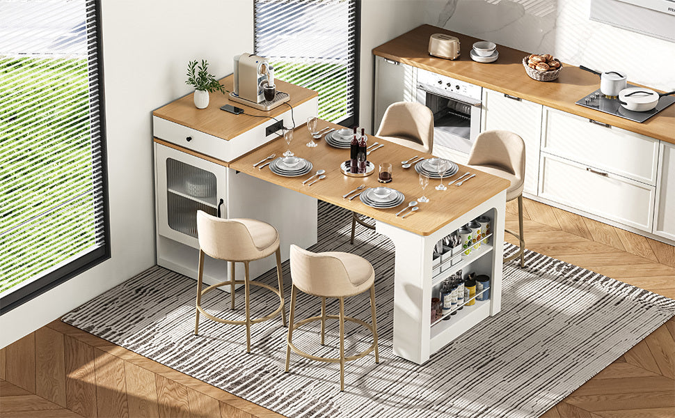 K&K 59.5' Kitchen Island with Extendable Dining Table, Kitchen Storage Table with Double-sided Storage, Kitchen Island with 2 Drawers, Power Outlet, Side Open Shelves, for Kitchen, Dining Room, White - Grand Goldman Shop