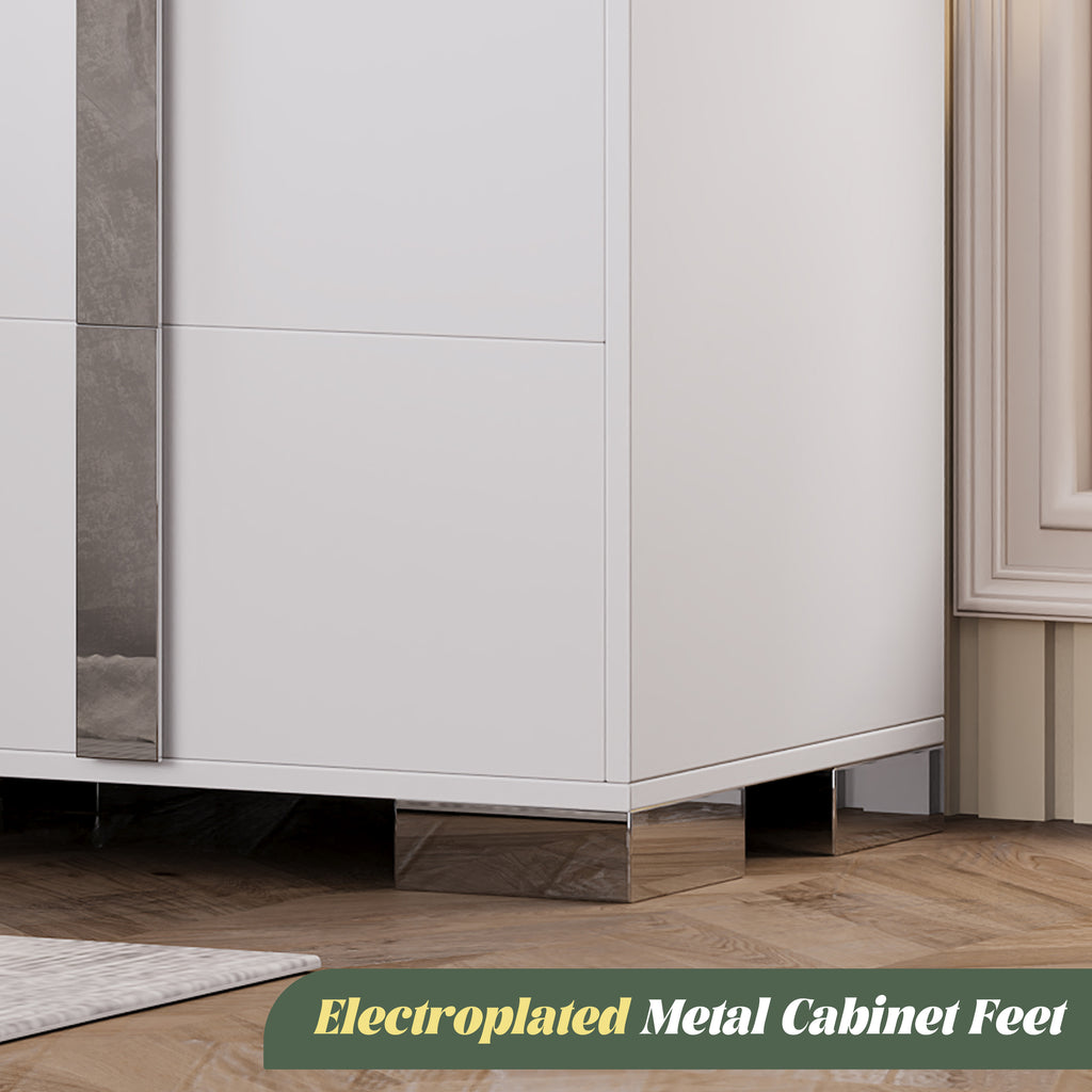 Modern End Table with Drawers, Elegant Nightstand with Metal Foot,Wood Bedside Table with Mirrored Metal Handles,Sofa Side End Table for Bedroom Living Room Office,White - Grand Goldman Shop