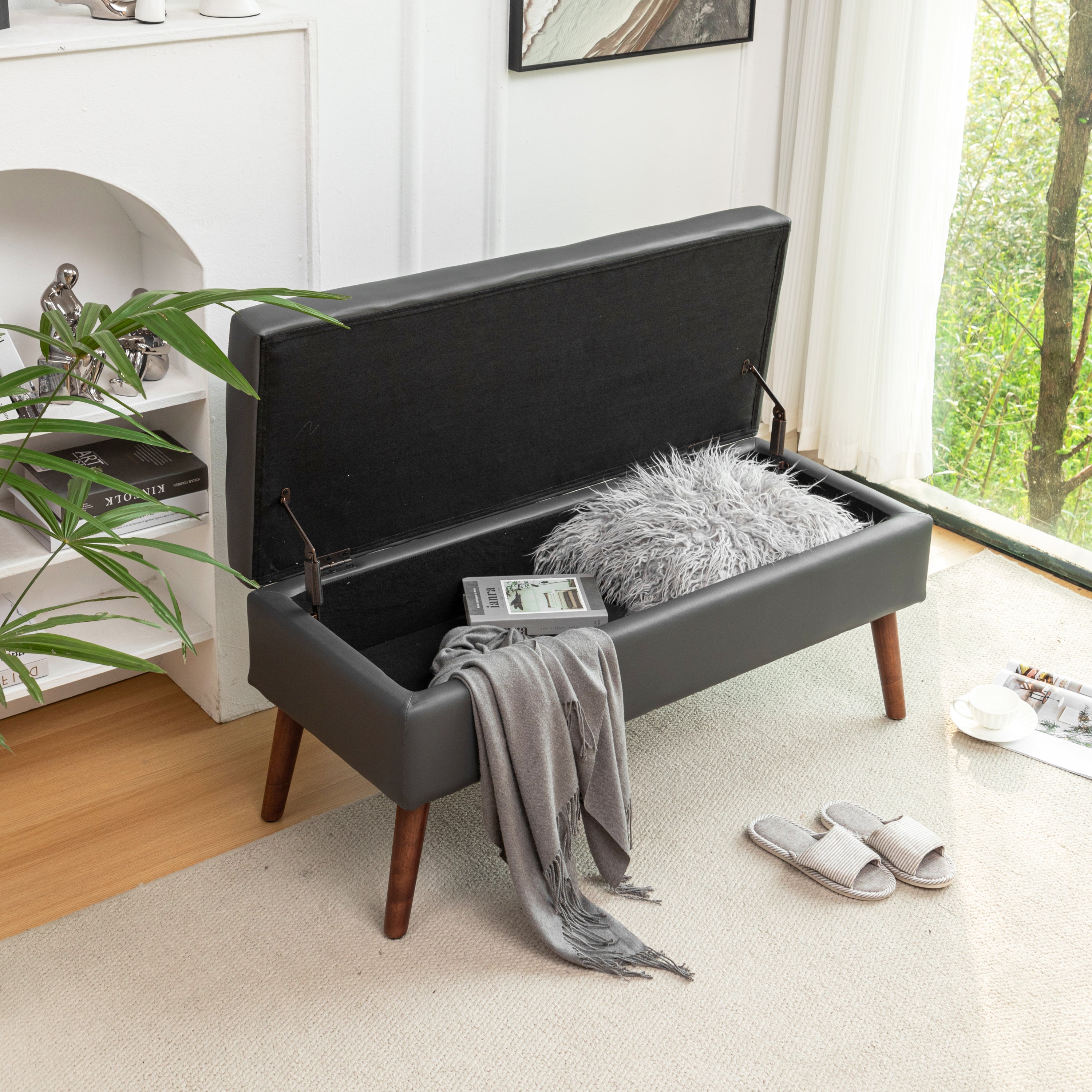 Storage Bench with Storage Bench for Bedroom End of Bed Bench Foot of Bed Bench Entryway Bench Storage Ottoman Bench 43.3' W x 17.7' Dark Grey Leather Bench - Grand Goldman Shop