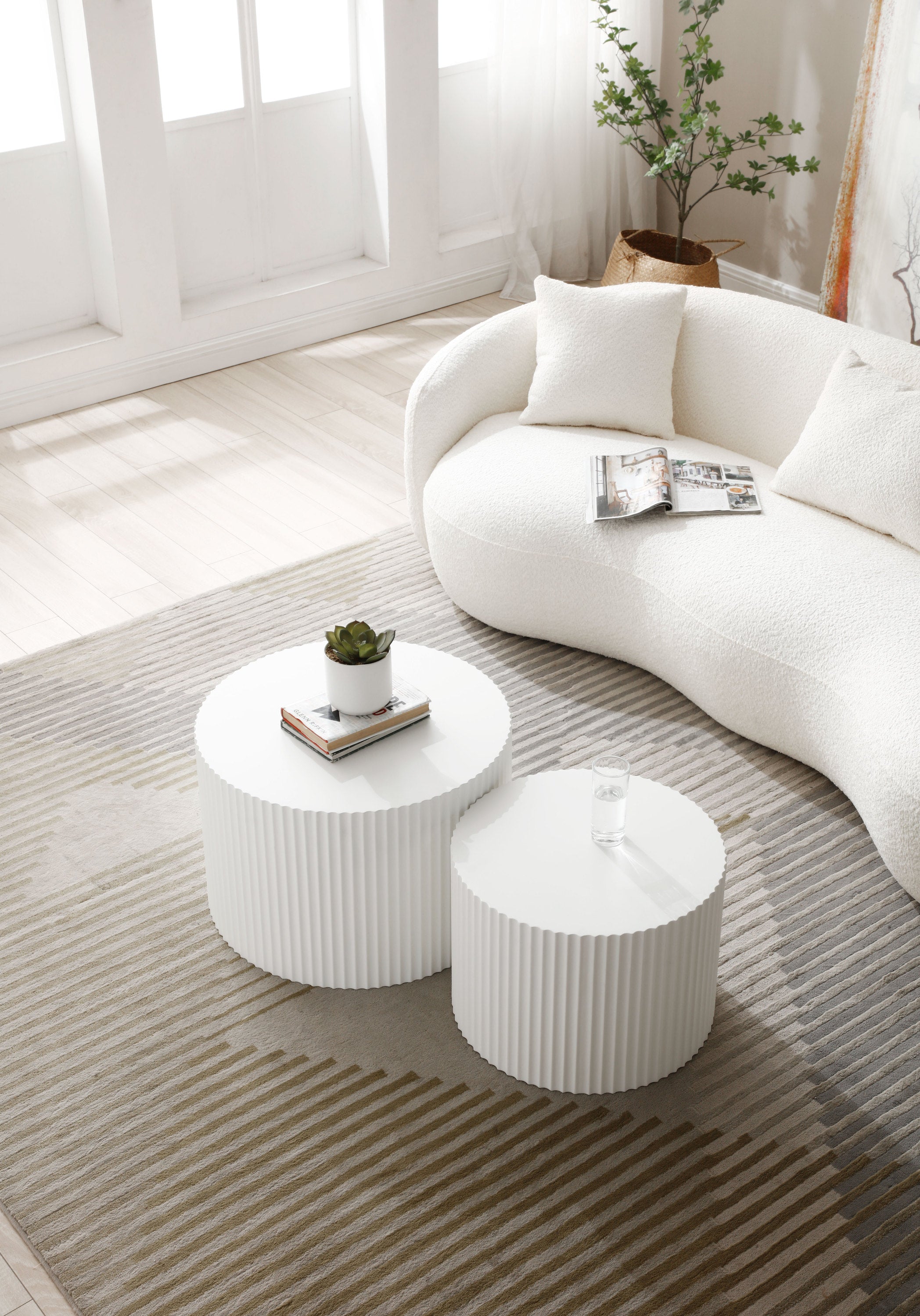 Mid Century Modern Curved Living Room Sofa, 4-Seat Boucle Fabric Couch for Bedroom, Office, Apartment, off white(beige and white) - Grand Goldman Shop