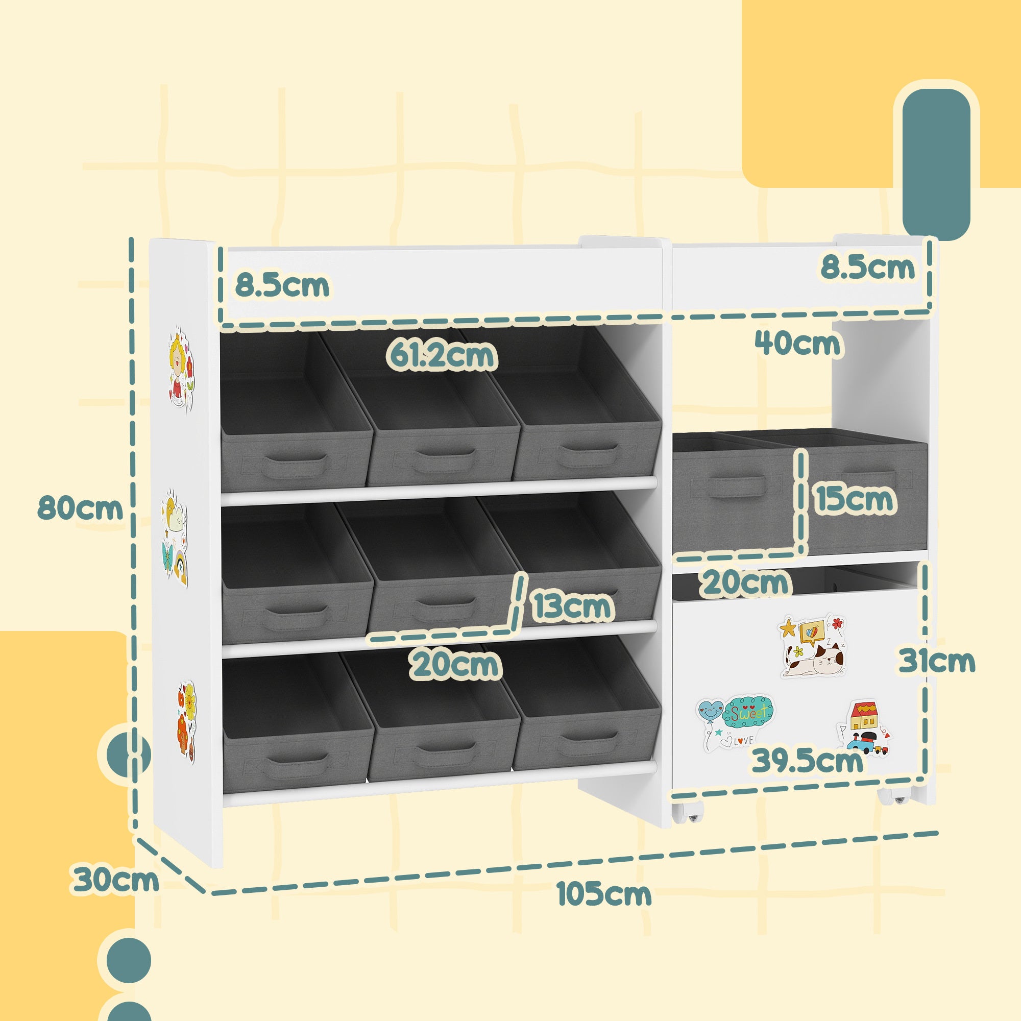 Qaba Toy Storage Organizer with 6 Shelves and 11 Fabric Bins, Moveable Cabinet and 3 Stickers, Toy Organizer for Nursery, Pla