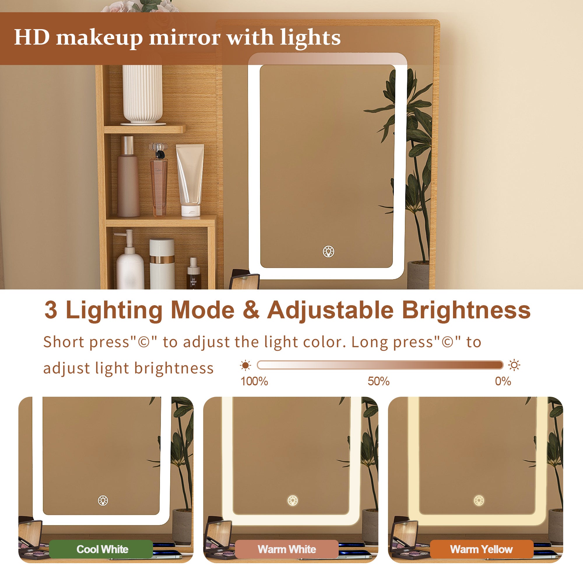 Modern Wood Vanity Table with LED Mirror, Power Outlet, Hairdryer Holder & Padded Stool – Compact Dressing Desk for Small Bedrooms - Grand Goldman Shop