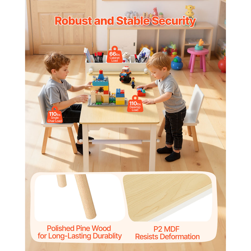 Kids Art Table and Chair Set, Toddler Craft Table with 3 Tiers Storage Cabinet, Wooden Kids Activity Play Desk with 2 Chairs,