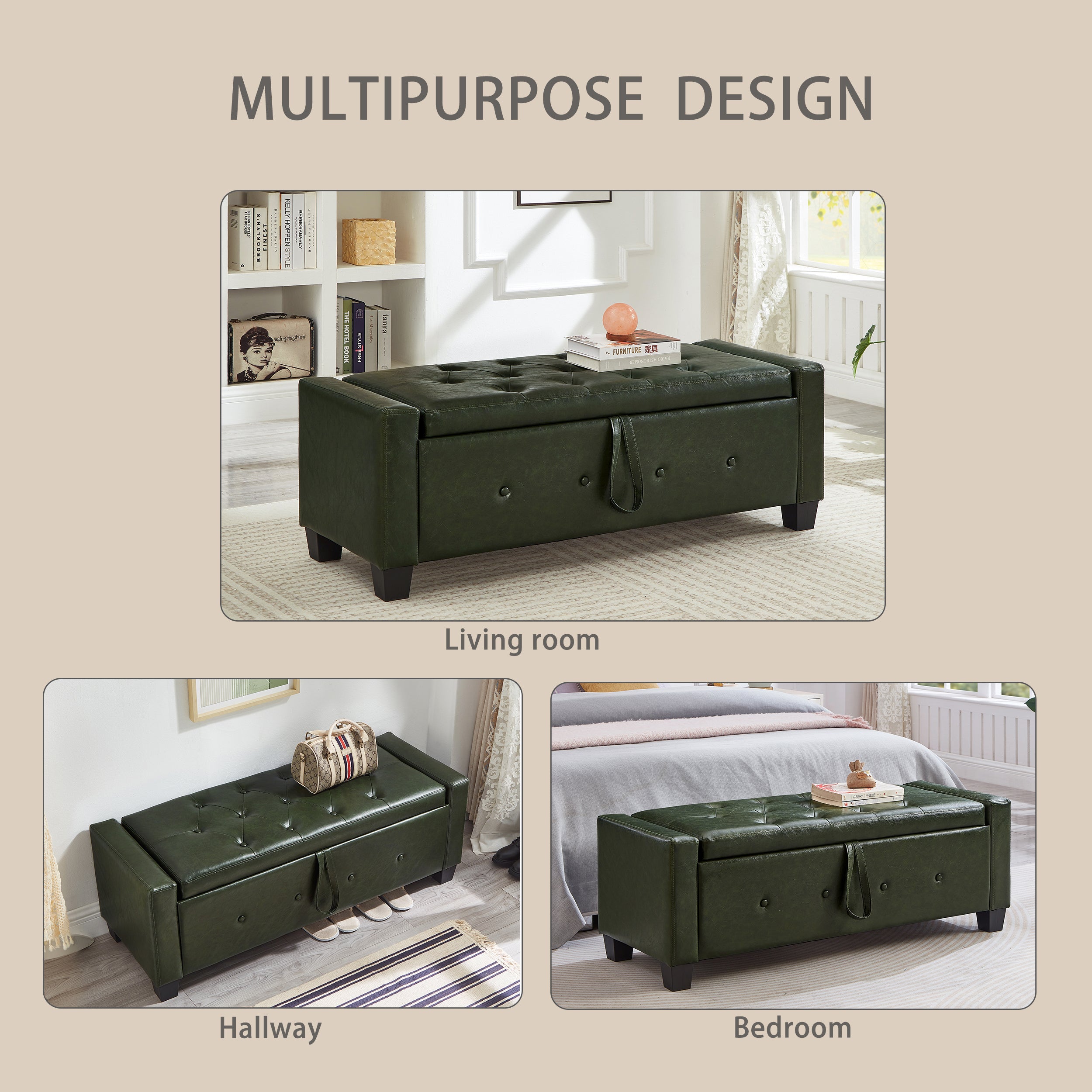 48' Ottoman Bench with Storage, Bench for Bedroom,Living Room,Hallway, Upholstered Tufted Faux Leather PU Ottoman Dark Green - Grand Goldman Shop