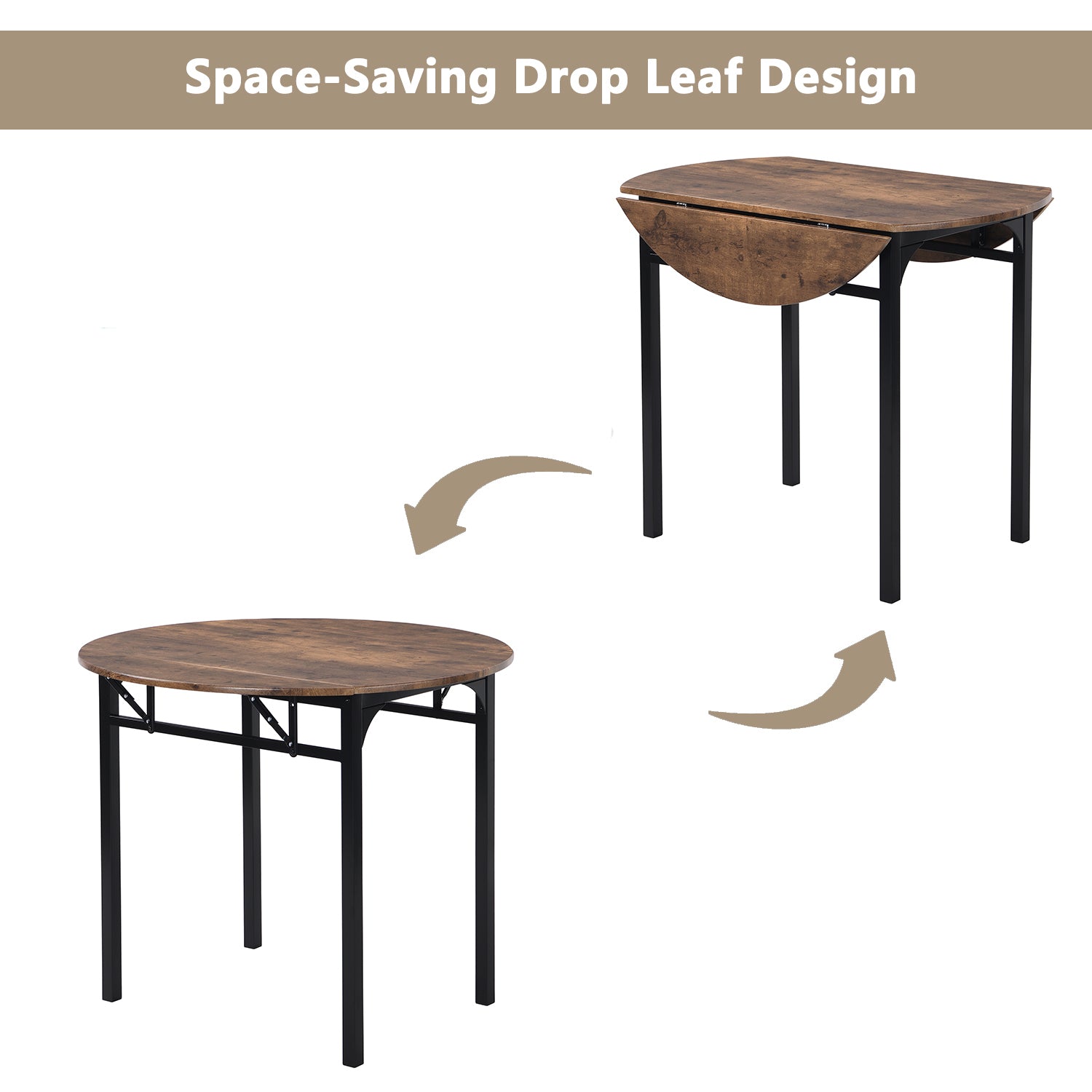 TOPMAX Modern 3-Piece Round Dining Table Set with Drop Leaf and 2 Chairs for Small Places,Black Frame+Rustic Brown Finish - Grand Goldman Shop