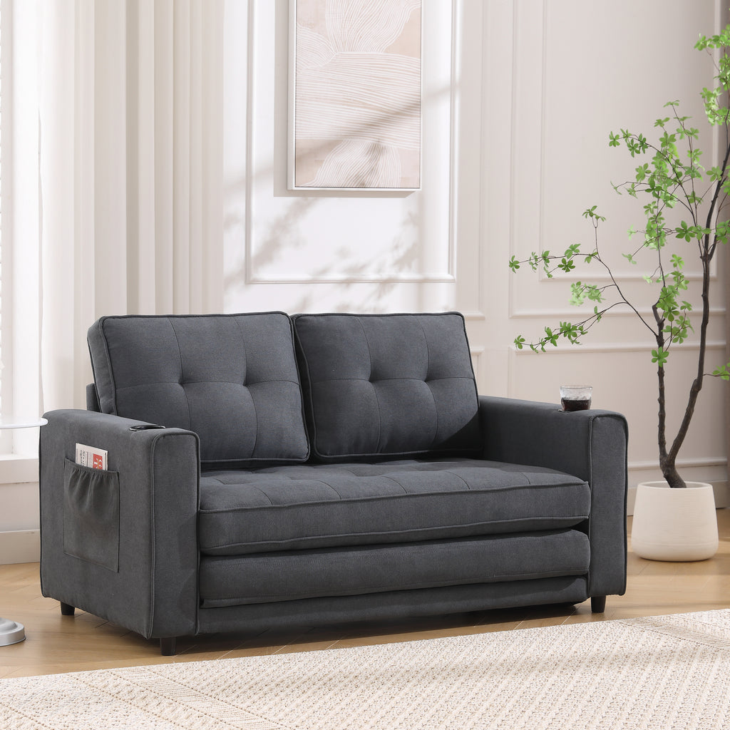 {VIDEO Provided}3-in-1 Upholstered Futon Sofa Convertible Sofa bed,Foldable Tufted Loveseat with Pull Out Sleeper Couch Bed,Folding Mattres Love Seat Daybed W/Side Pockets and Cup Holder, Dark Gray - Grand Goldman Shop