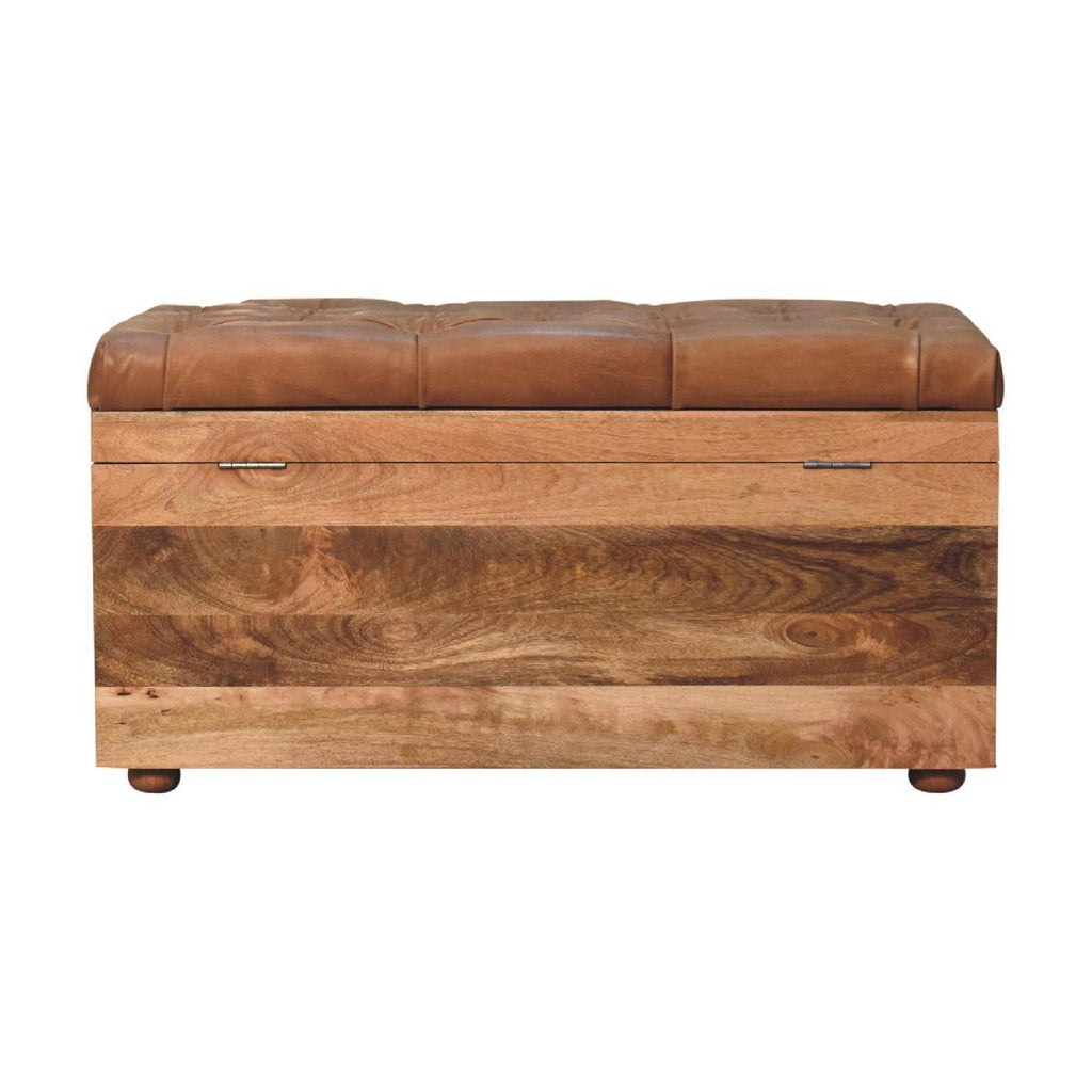 Solid Wood Buffalo Hide Oak-ish Storage Trunk, Leather Upholstered, Brown and Tan - Grand Goldman Shop