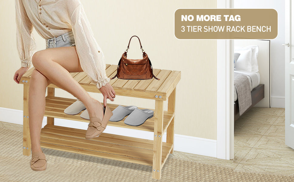 Hofitlead 27.5' Shoe Rack Solid Wood Shoe Bench, 3-Tier Shoe Organizer for Entryway Hallway(Light Brown) - Grand Goldman Shop