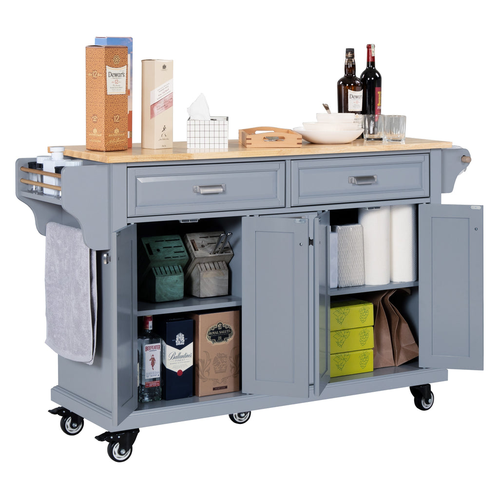Kitchen Island with Rubber wood Countertop, Kitchen Cart on 5 Wheels with Storage Cabinet and 2 Top Drawers and A center double layered storage drawer for Dinning Room, Grey - Grand Goldman Shop