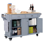 Kitchen Island with Rubber wood Countertop, Kitchen Cart on 5 Wheels with Storage Cabinet and 2 Top Drawers and A center double layered storage drawer for Dinning Room, Grey - Grand Goldman Shop