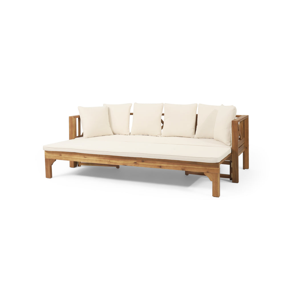 Outdoor Extendable Acacia Wood 3 Seater Sofa, Upholstered Cushion Couch, Daybed Sofa Chair, Spacious Seating Lounge Chair, Patio Daybed Sofa for Garden Yard - Grand Goldman Shop
