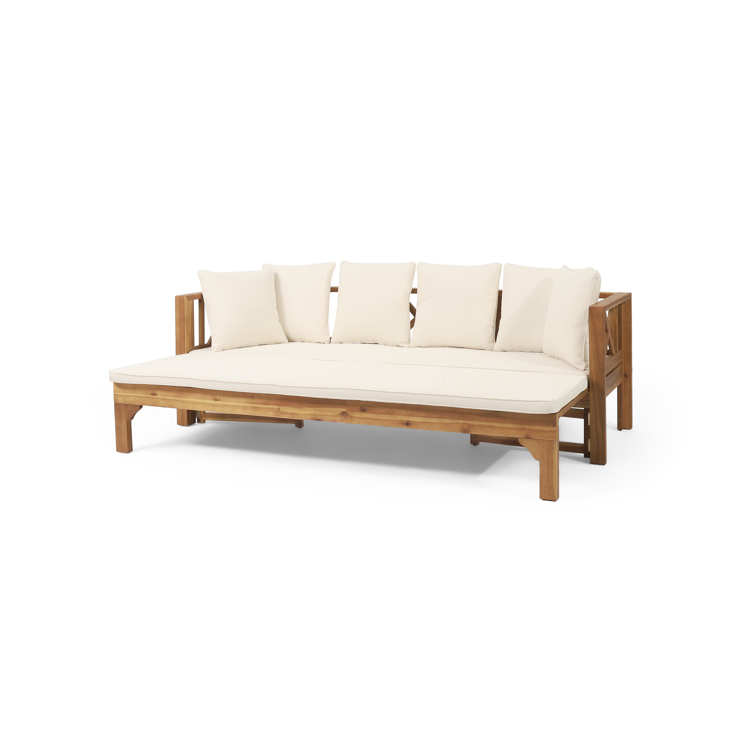 Outdoor Extendable Acacia Wood 3 Seater Sofa, Upholstered Cushion Couch, Daybed Sofa Chair, Spacious Seating Lounge Chair, Patio Daybed Sofa for Garden Yard - Grand Goldman Shop