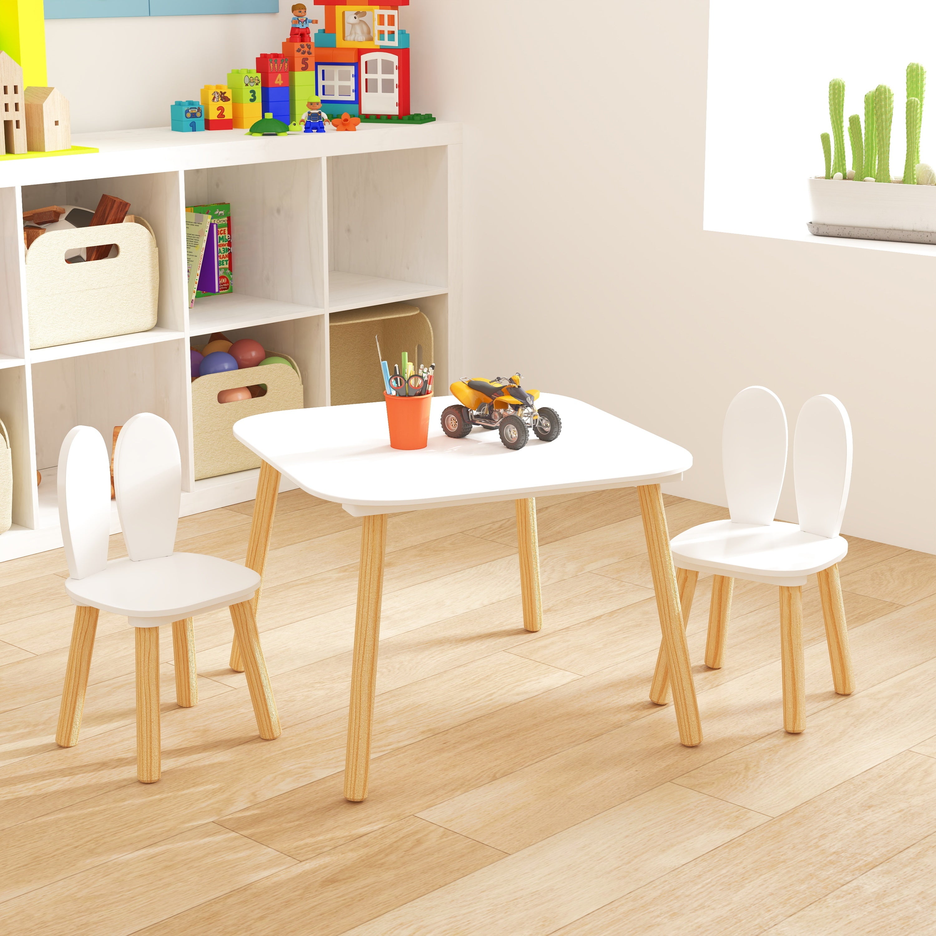 Rabbit Themed Kids Table and 2 Chairs Set, White Solid Wood & MDF Play Table with Rounded Edges, 3-Piece Toddler Furniture fo