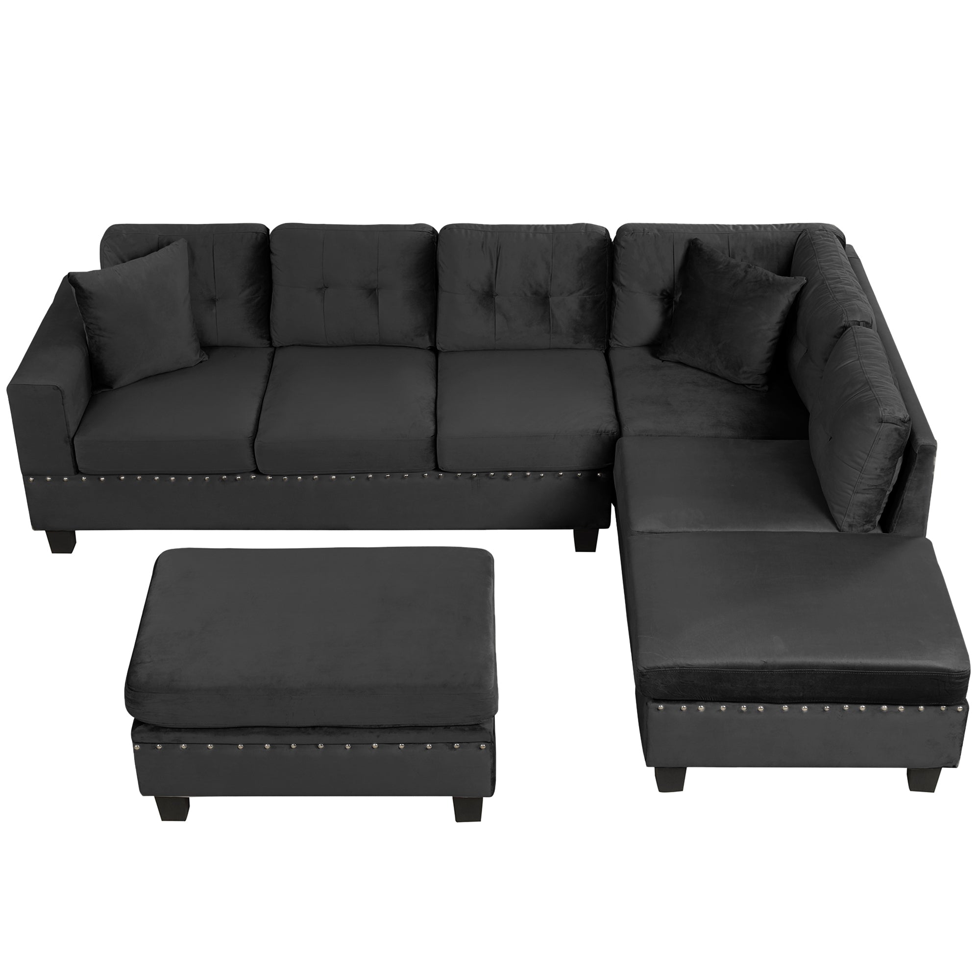 Modern Sectional Sofa with Storage Ottoman, L-Shape Couch with 2 Pillows and Cup Holders, Black Velvet, 105' - Grand Goldman Shop