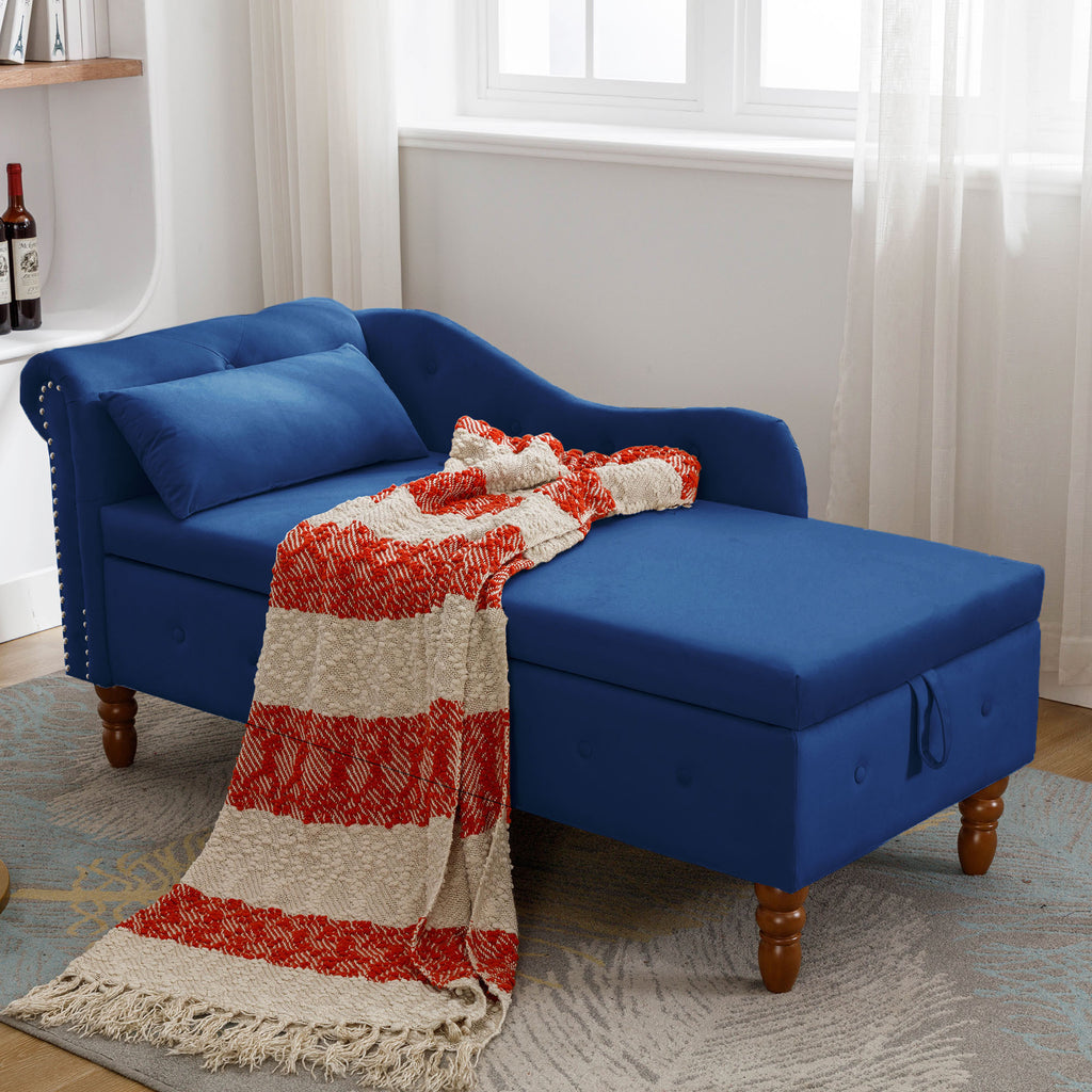 Navy Blue Chaise Lounge Indoor, Velvet Lounge Chair for Bedroom with Storage & Pillow, Modern Upholstered Rolled Arm Chase Lounge for Sleeping with Nailhead Trim for Living Room Bedroom Office - Grand Goldman Shop