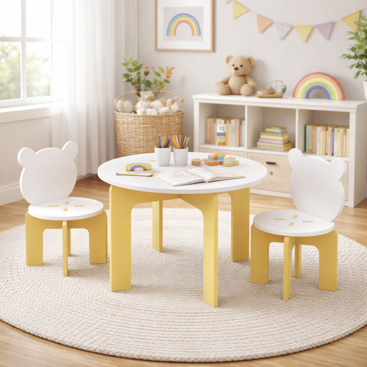 Kids Table and Chair Set, 3-Piece Toddler Table with 2 Chairs, Cute Bear-Back Chairs, Sturdy Wooden Activity Table Set for Ki