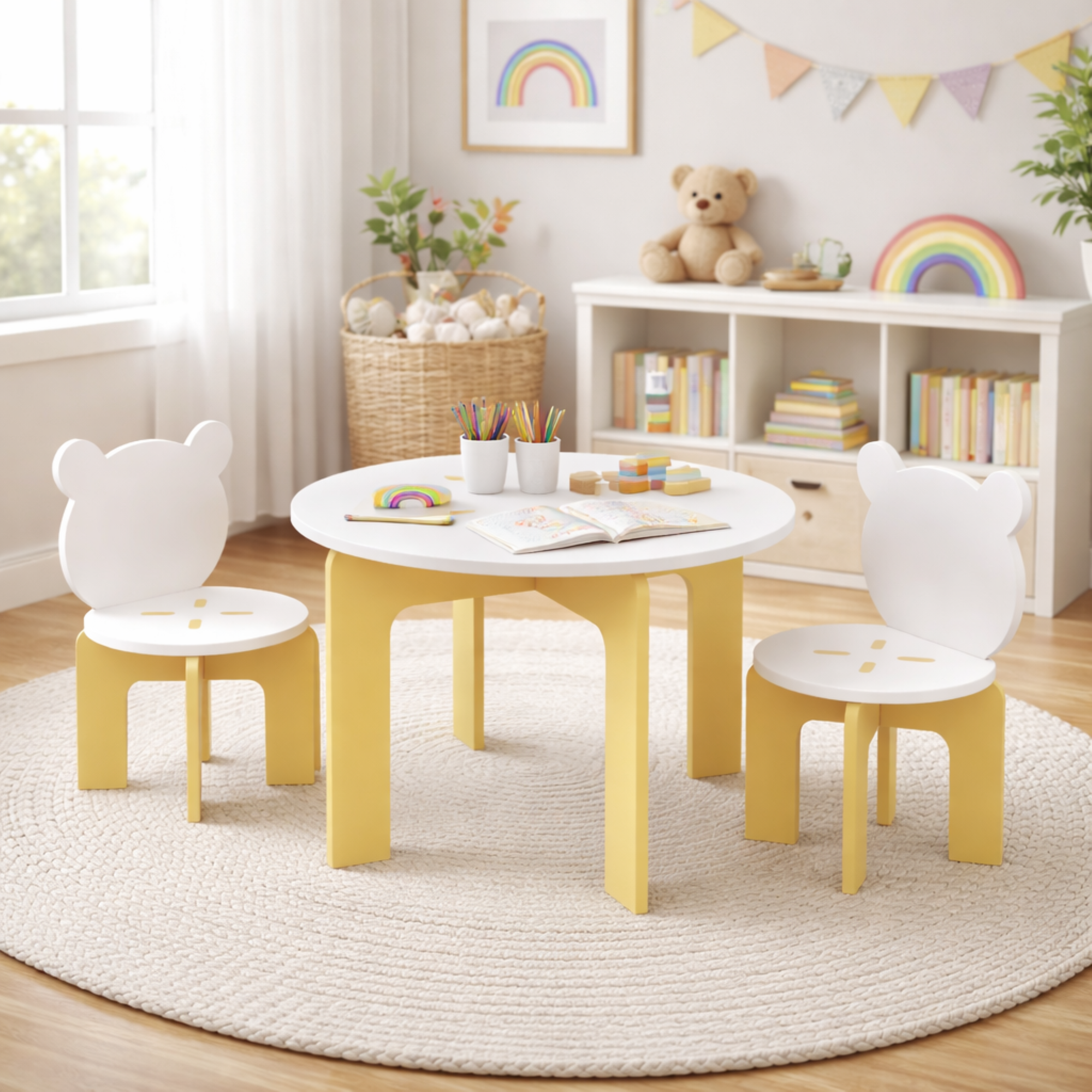 Kids Table and Chair Set, 3-Piece Toddler Table with 2 Chairs, Cute Bear-Back Chairs, Sturdy Wooden Activity Table Set for Ki