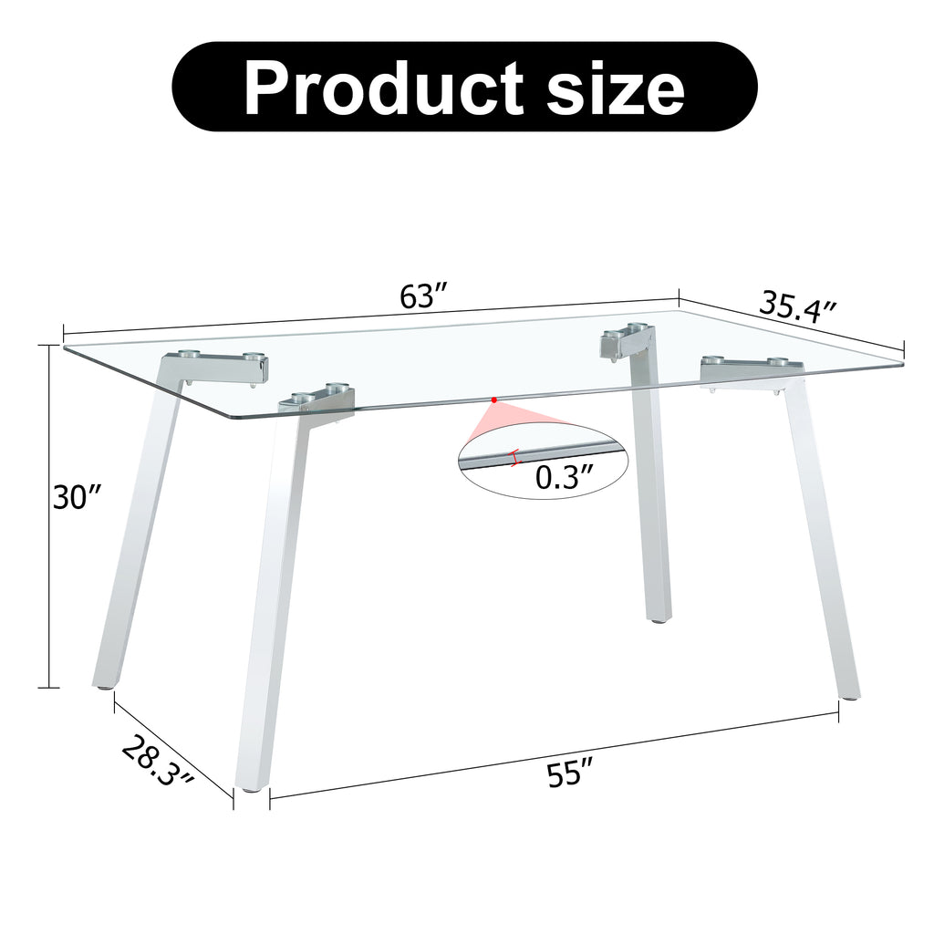 A modern minimalist rectangular glass dining table with tempered glass tabletop and silver metal legs, suitable for kitchens, restaurants, and living rooms,63'*35.4'*30' - Grand Goldman Shop
