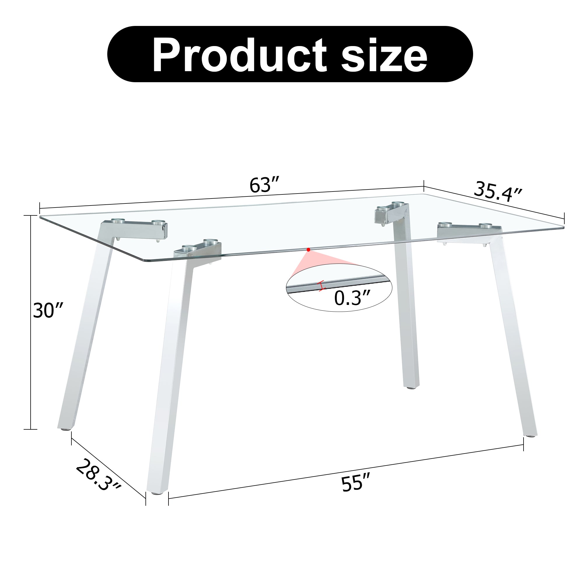 A modern minimalist rectangular glass dining table with tempered glass tabletop and silver metal legs, suitable for kitchens, restaurants, and living rooms,63'*35.4'*30' - Grand Goldman Shop