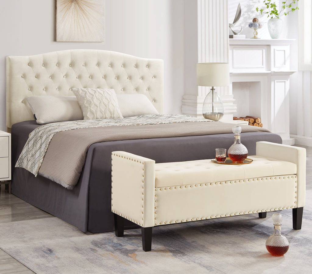 Upholstered Tufted Button Storage Bench with nails trim,Entryway Living Room Soft Padded Seat with Armrest,Bed Bench - Cream - Grand Goldman Shop