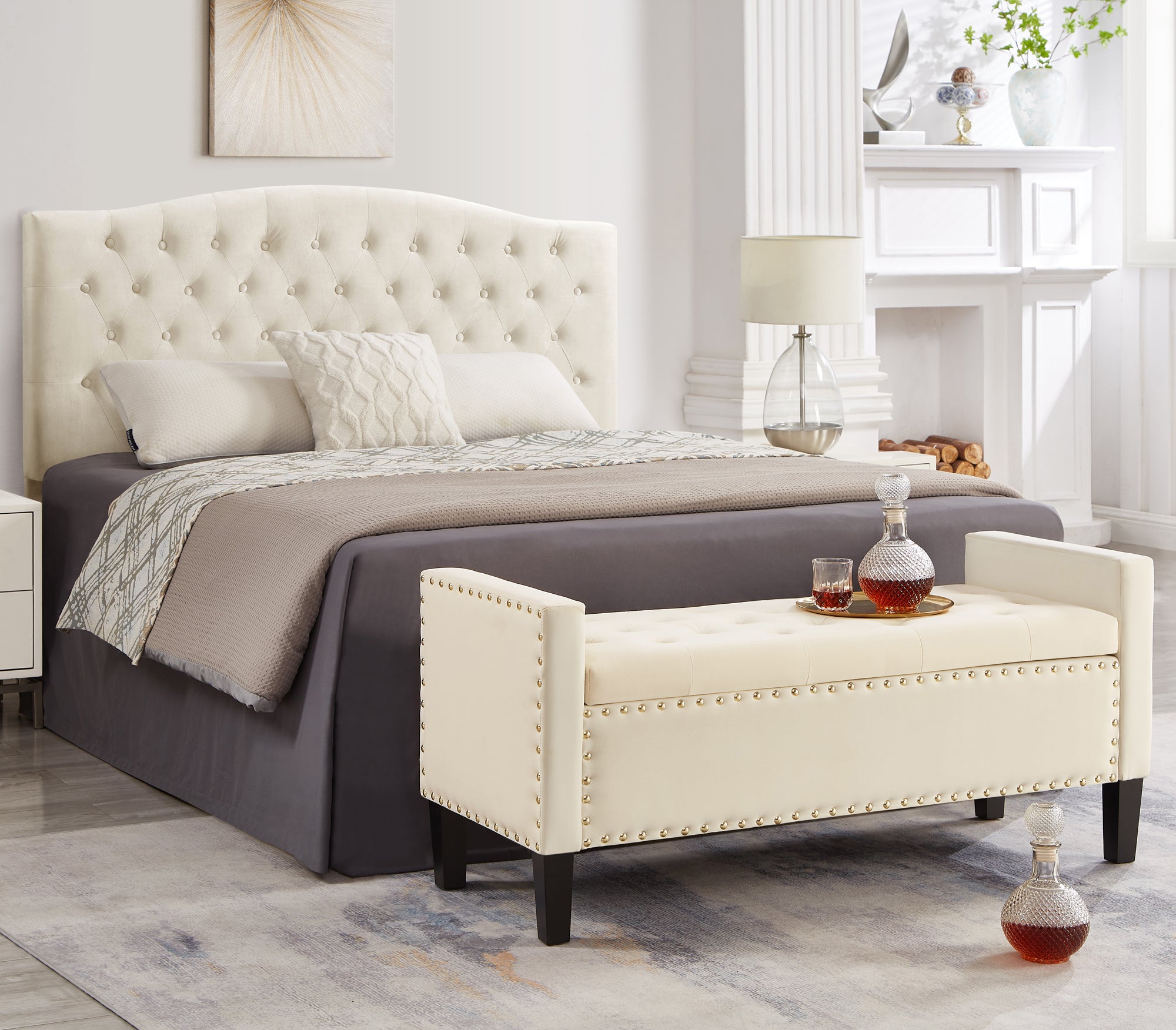 Upholstered Tufted Button Storage Bench with nails trim,Entryway Living Room Soft Padded Seat with Armrest,Bed Bench - Cream - Grand Goldman Shop