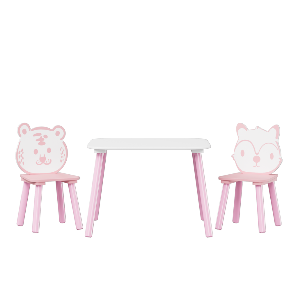 Kids Table and Chair Set, 3-Piece Wooden Toddler Desk with Animal Backrest, Activity Table for Drawing, Learning,Playroom or 