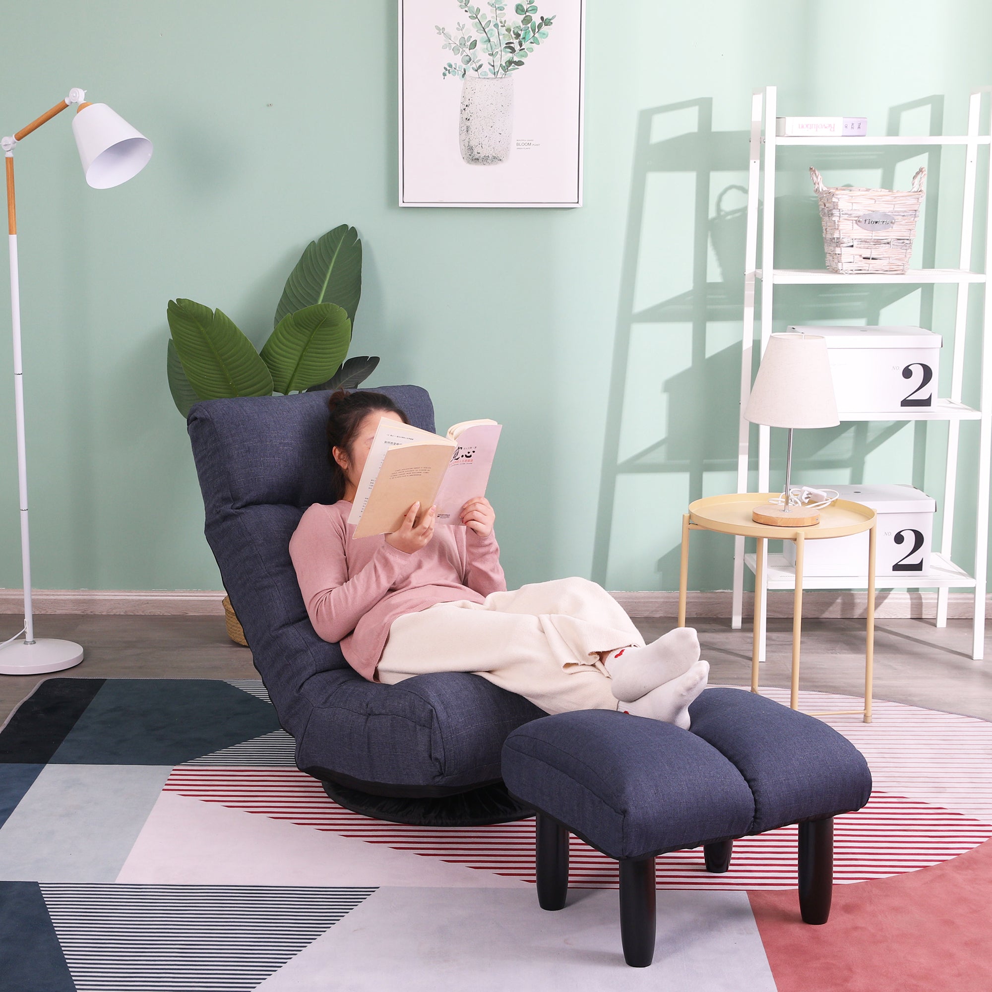 Navy Adjustable Japanese Reclining Floor Chair Sofa with Metal Frame for Living Room & Balcony - Grand Goldman Shop