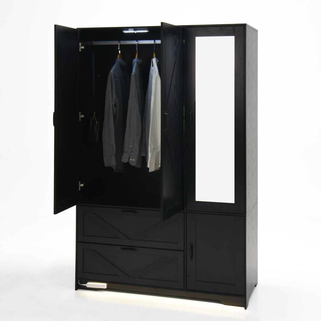 4 Doors Wardrobe Closet with Mirror, LED Wardrobe with Doors and 2 Drawers, Wooden Wardrobe Storage Cabinet with Hanging Rod, Adjustable Shelves, Black - Grand Goldman Shop