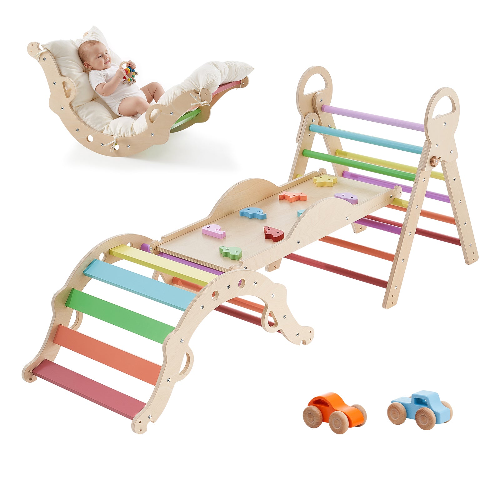 Pikler Triangle Set, 9-in-1 Toddler Climbing Toys Indoor, with 2 Wooden Cars, Cushion, Triangle, Arch, and Ramp, 150 lbs Load