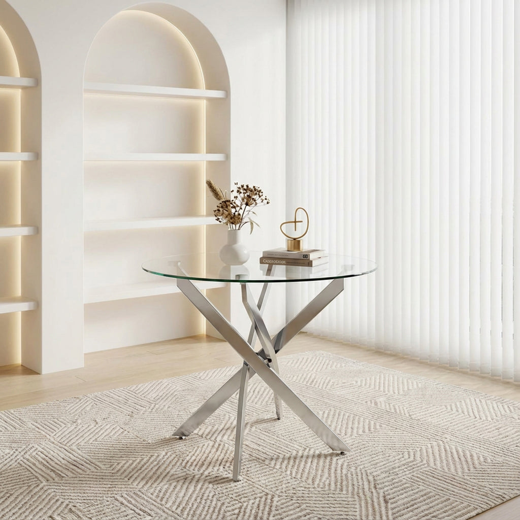 Round Dining Table, 35.5' Glass Dining Table with Silver Legs, Modern Kitchen Table for Home Kitchen, Dining Room - Grand Goldman Shop