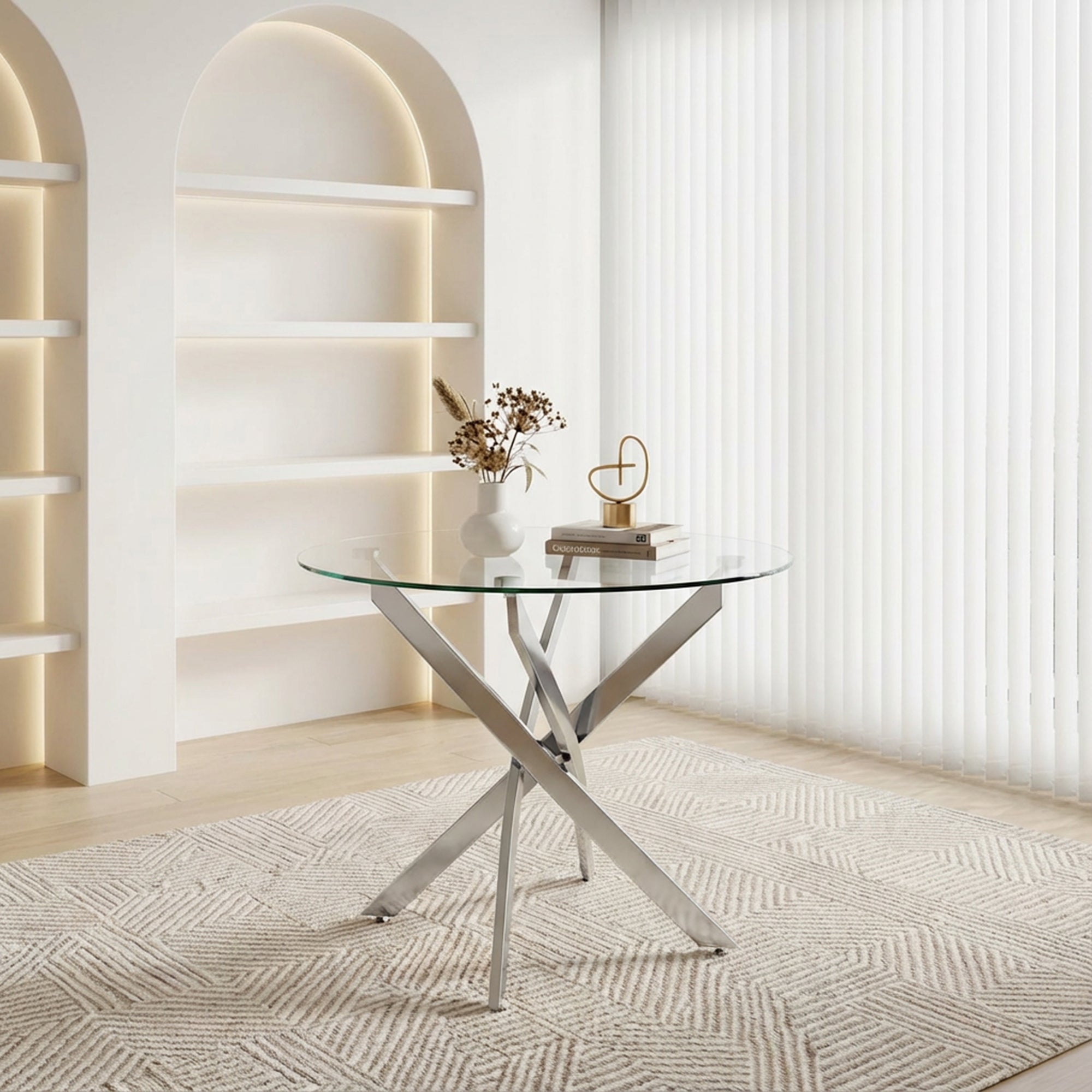 Round Dining Table, 35.5' Glass Dining Table with Silver Legs, Modern Kitchen Table for Home Kitchen, Dining Room - Grand Goldman Shop