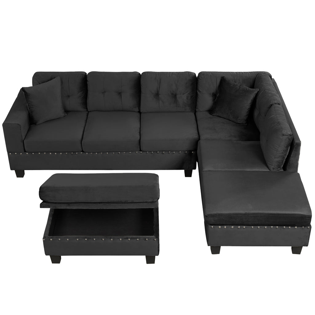 Modern Sectional Sofa with Storage Ottoman, L-Shape Couch with 2 Pillows and Cup Holders, Black Velvet, 105' - Grand Goldman Shop
