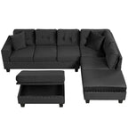 Modern Sectional Sofa with Storage Ottoman, L-Shape Couch with 2 Pillows and Cup Holders, Black Velvet, 105' - Grand Goldman Shop