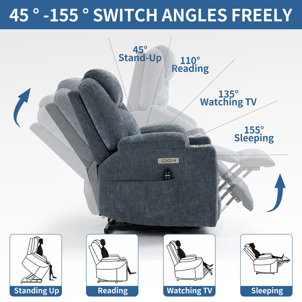 Up to 350 LBS Chenille Power Lift Recliner Chair, Heavy Duty Motion Mechanism with 8-Point Vibration Massage and Lumbar Heating, USB and Type-C Ports, Stainless Steel Cup Holders, Blue - Grand Goldman Shop