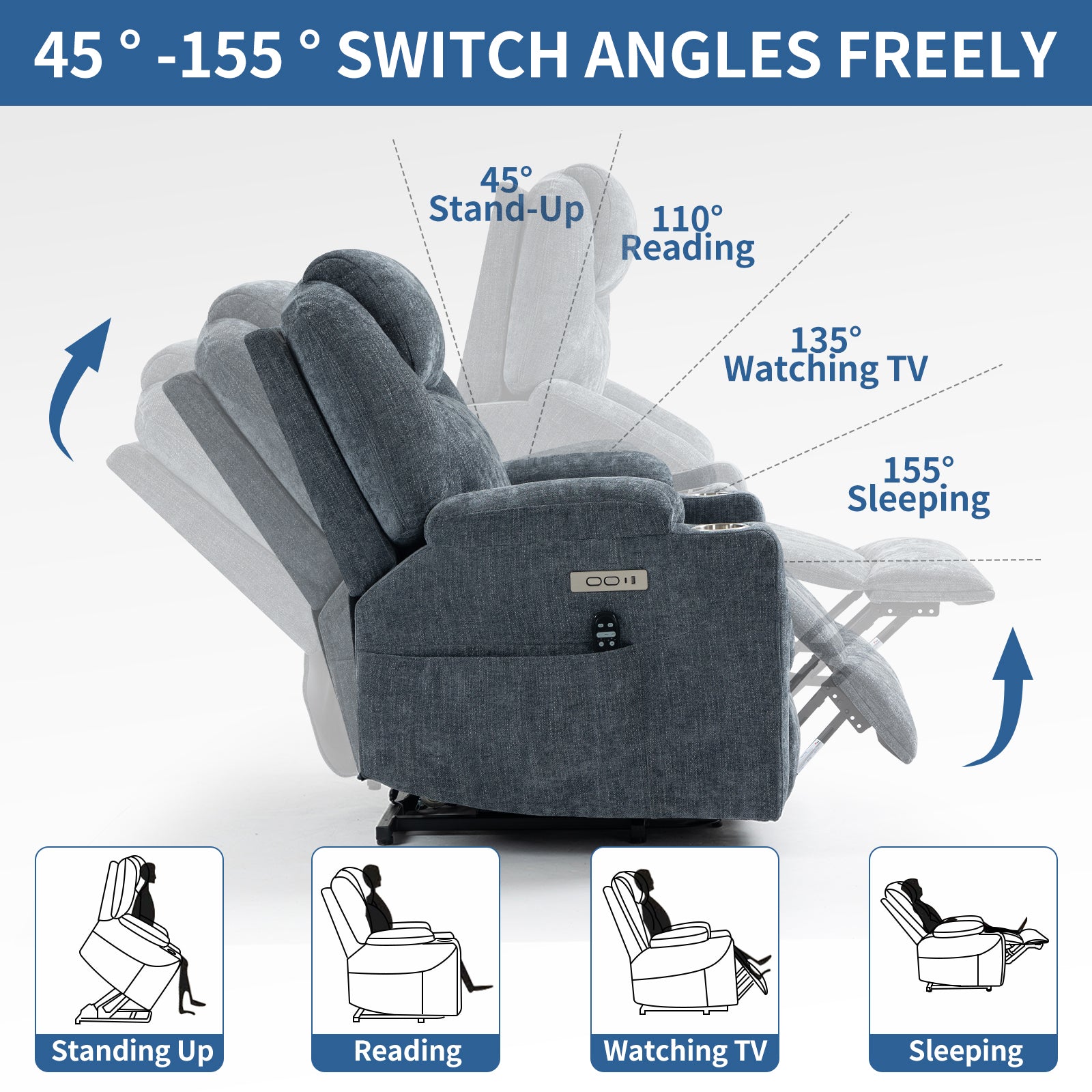 Up to 350 LBS Chenille Power Lift Recliner Chair, Heavy Duty Motion Mechanism with 8-Point Vibration Massage and Lumbar Heating, USB and Type-C Ports, Stainless Steel Cup Holders, Blue - Grand Goldman Shop