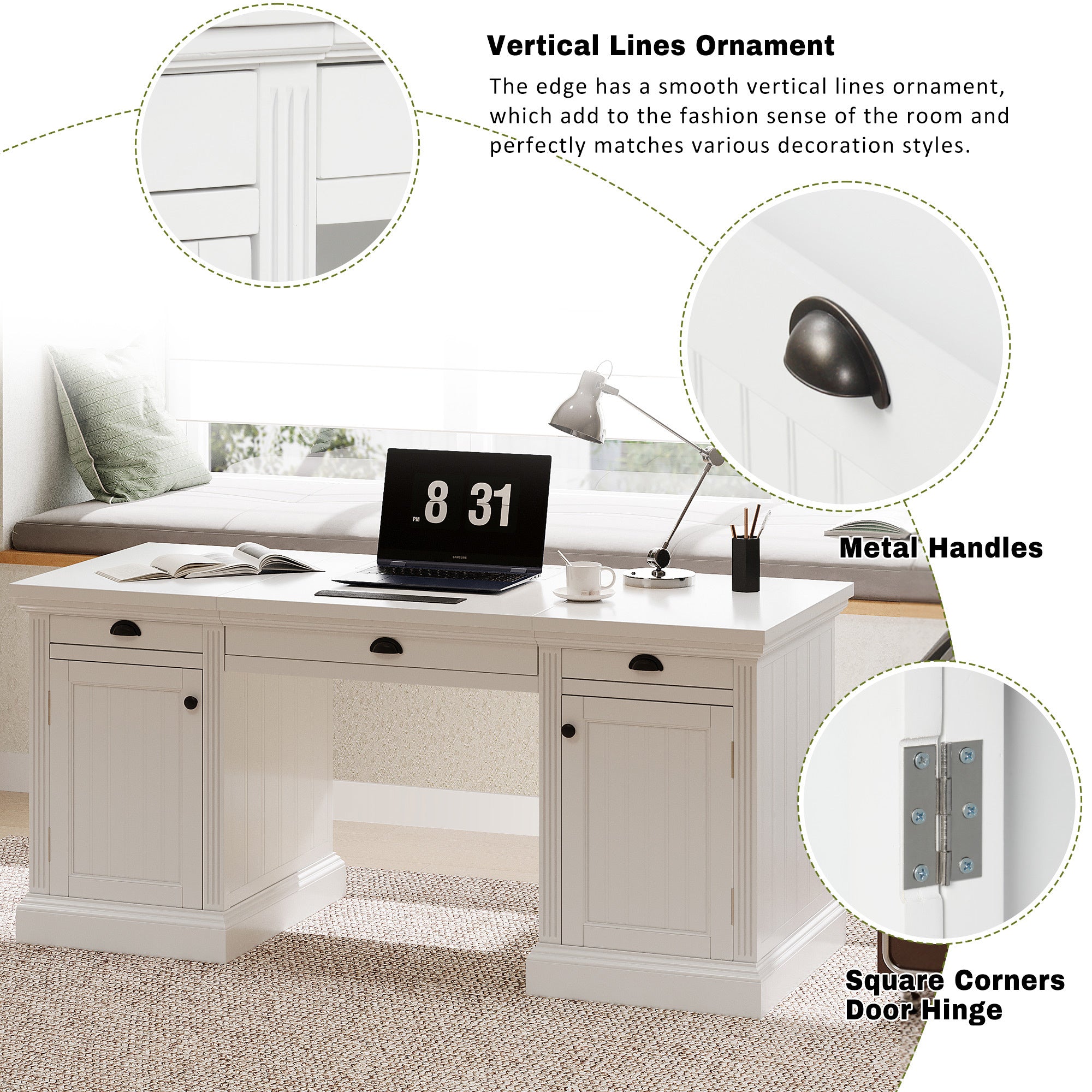 67' Modern Executive Desk,Computer Desk with 2 Wooden Doors Storage Cabinet and 3 Drawers, Rectangle Home Office Desk  ,Readi