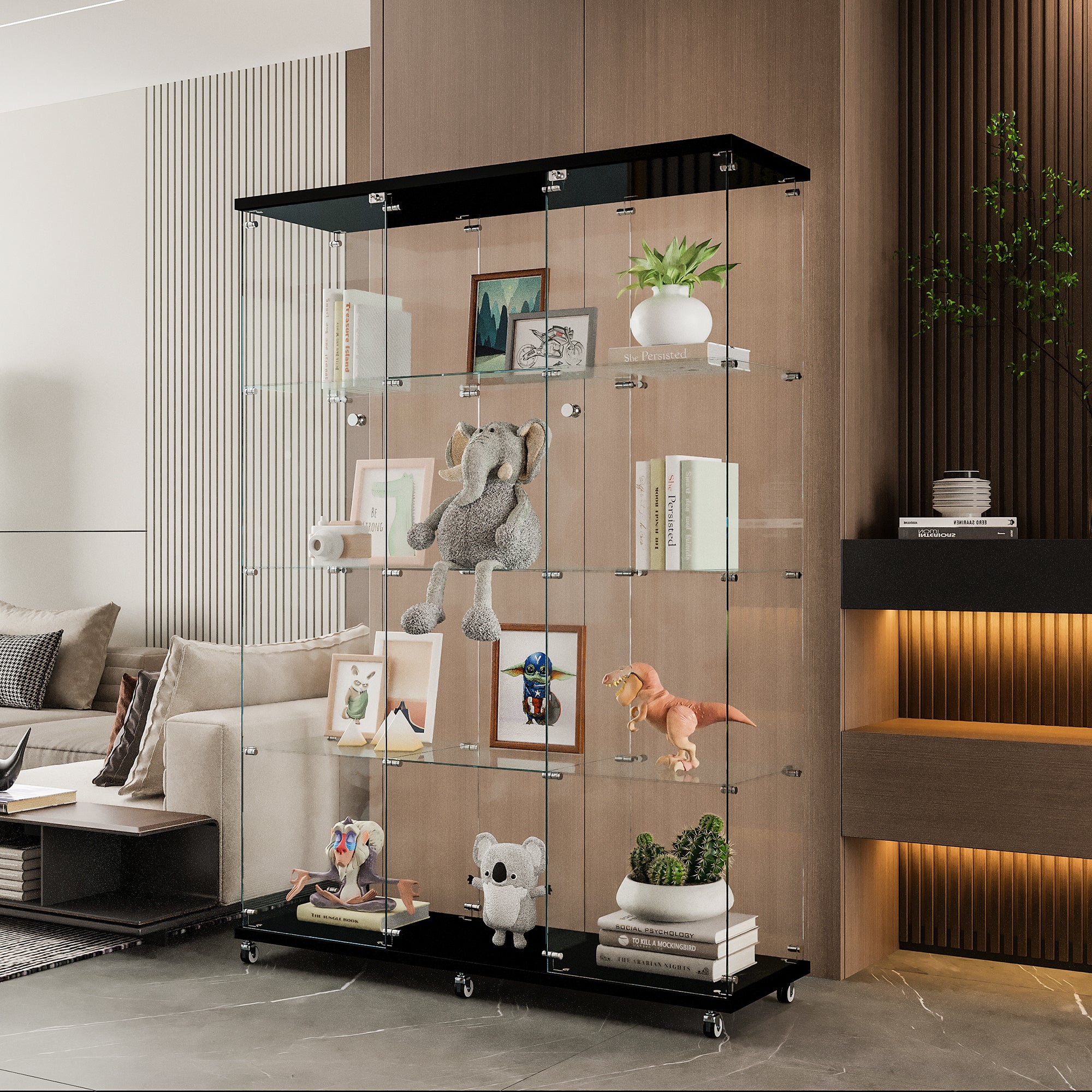 Glass Display Cabinet with 4 Shelves Extra Large, Curio Cabinets for Living Room, Bedroom, Office, Black Floor Standing Glass