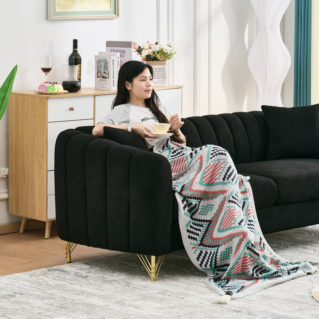 Modern Chenille Loveseat Sofa with Gold Metal Legs, Black Upholstery for Living Room and Bedroom - Grand Goldman Shop