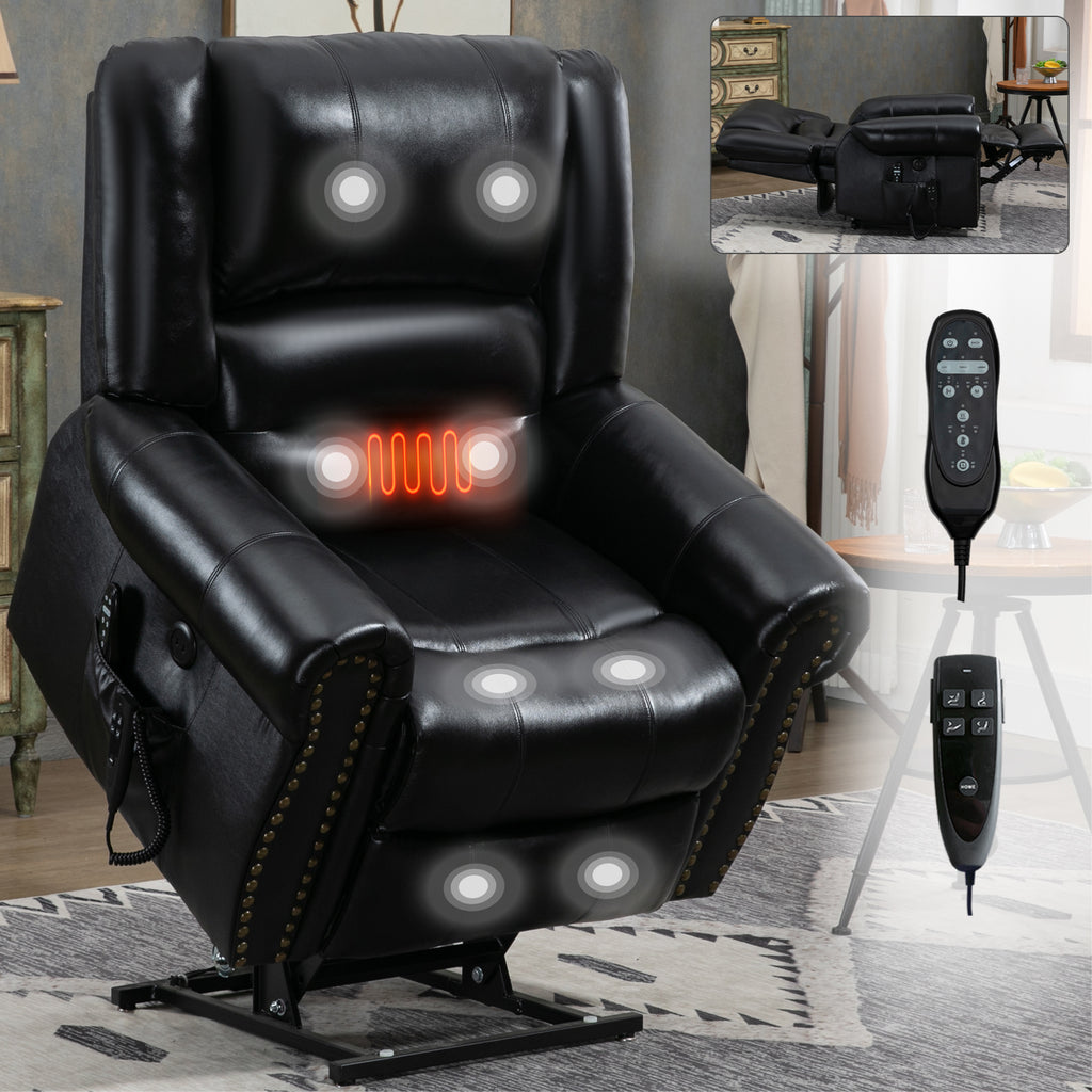 Power Lift Recliner Chair Heat Massage Dual Motor Infinite Position Up to 350 LBS, Genuine Leather, Heavy Duty Motion Mechanism with USB Ports, Black - Grand Goldman Shop