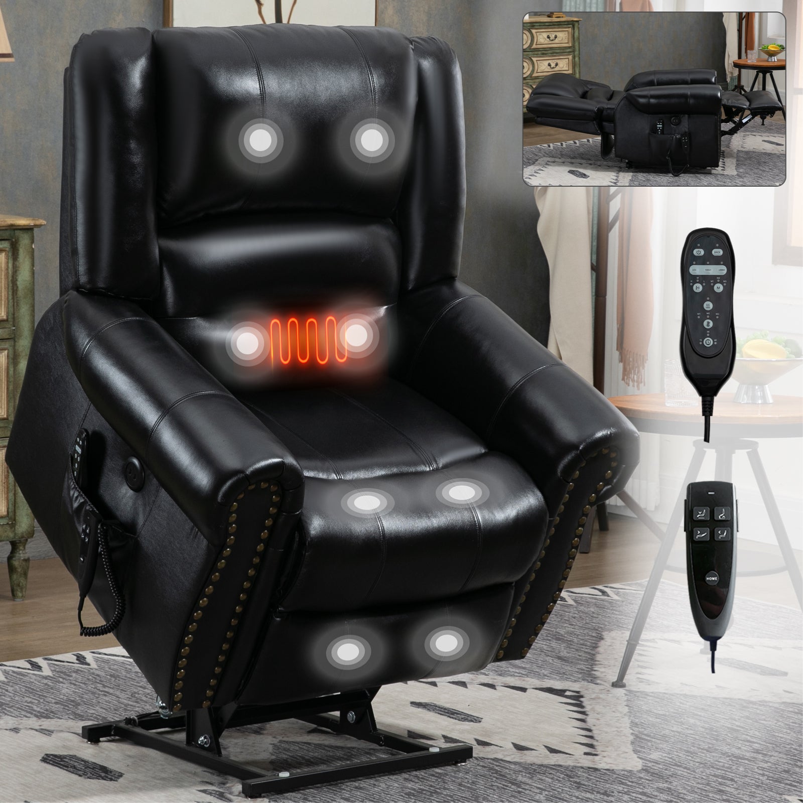 Power Lift Recliner Chair Heat Massage Dual Motor Infinite Position Up to 350 LBS, Genuine Leather, Heavy Duty Motion Mechanism with USB Ports, Black - Grand Goldman Shop