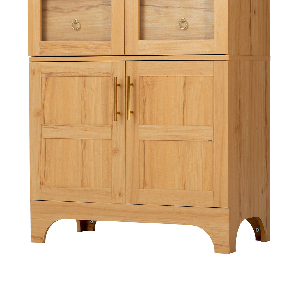 K&K 71' Tall Arched Kitchen Pantry Cabinet with Door Shelves, Farmhouse Kitchen Storage Cabinet with Open & Adjustable Shelves, Hidden Drawer & Glass Door, Cupboard for Kitchen, Dining Room, Natural - Grand Goldman Shop