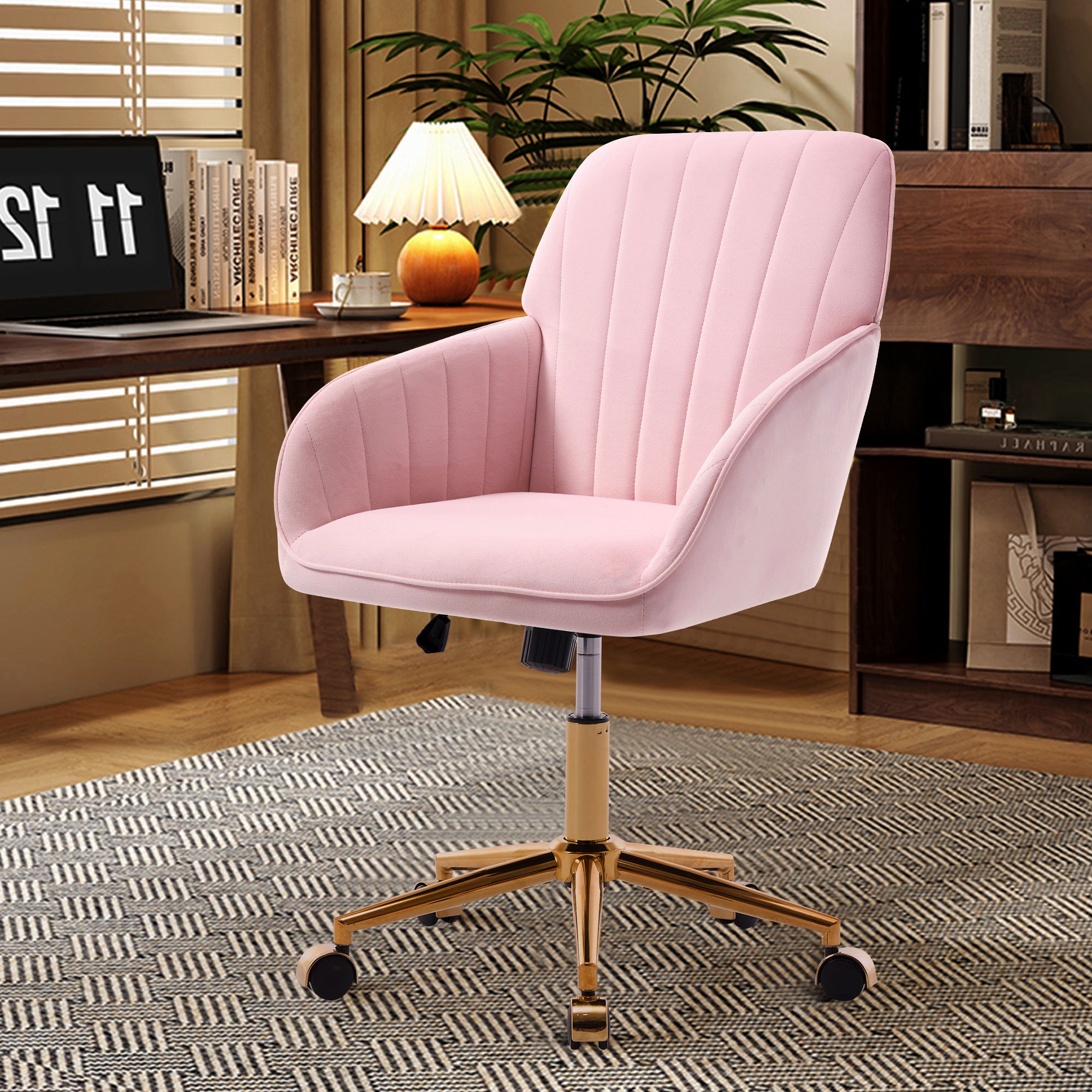 TY Ergonomic Office Chair, Baby Pink Velvet Adjustable Swivel Chair with Lumbar Support for Home Bedroom, Comfortable for Lon
