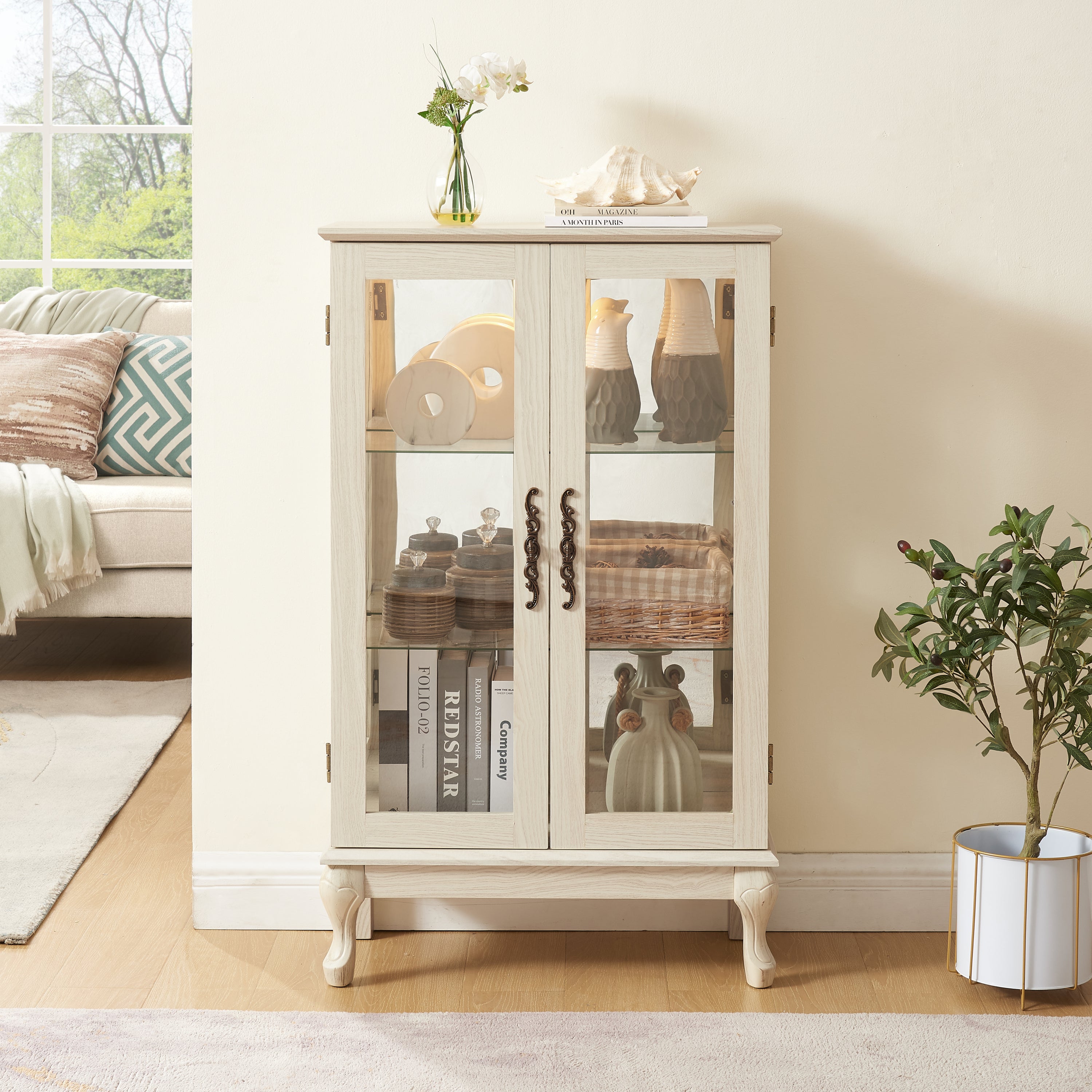 2 Doors Curio Cabinet with Tempered Glass Doors, Curio Cabinets with Mirrored Back Panel and Adjustable Shelves, Lighted Display Cabinet for Home, Office Light Bulb Included White - Grand Goldman Shop