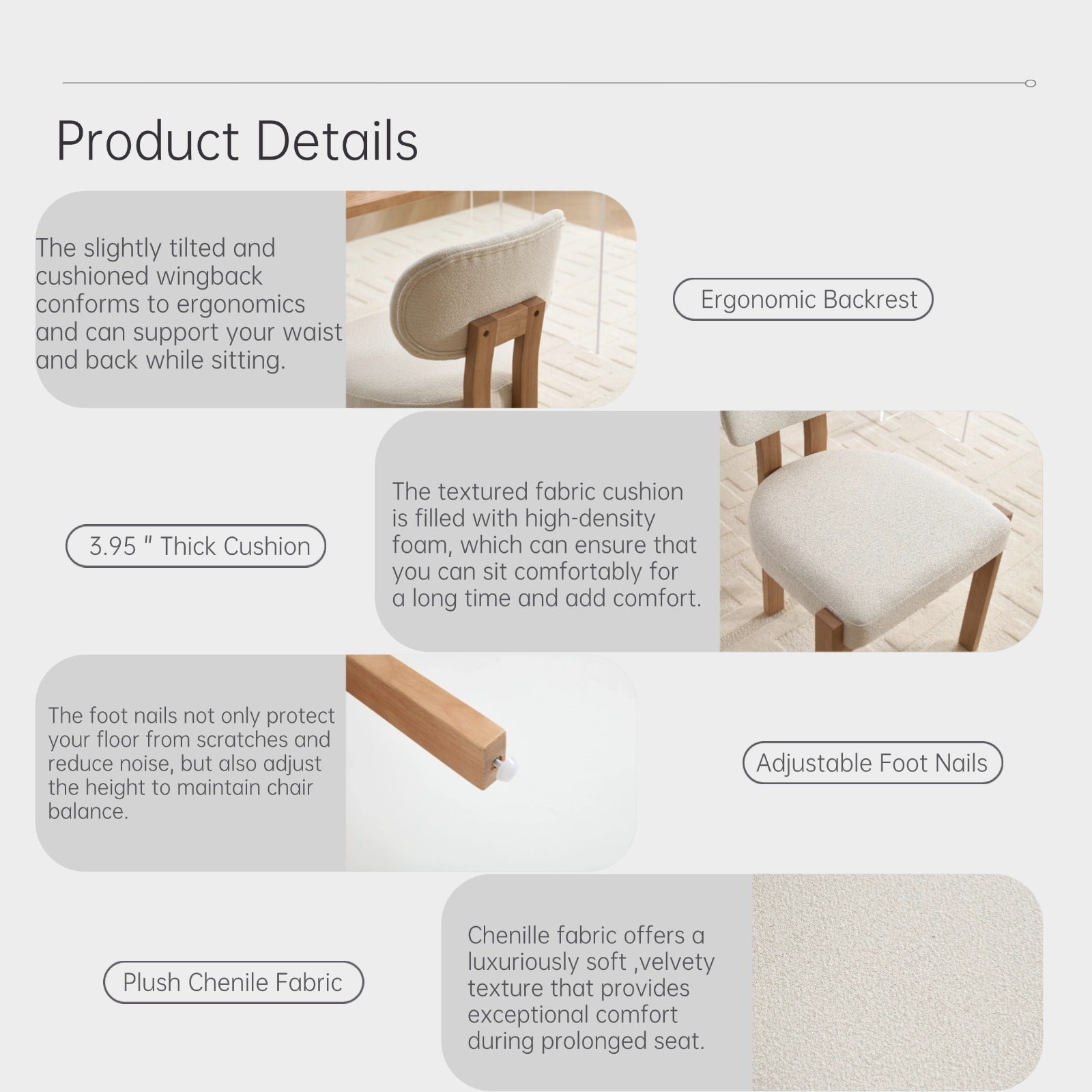Modern Farmhouse Dining Chairs Set of 2 in Beige, Fabric Upholstered Wooden Kitchen Chairs with Ergonomic Backrest and Adjustable Feet, Rubber Wood Frame - Grand Goldman Shop