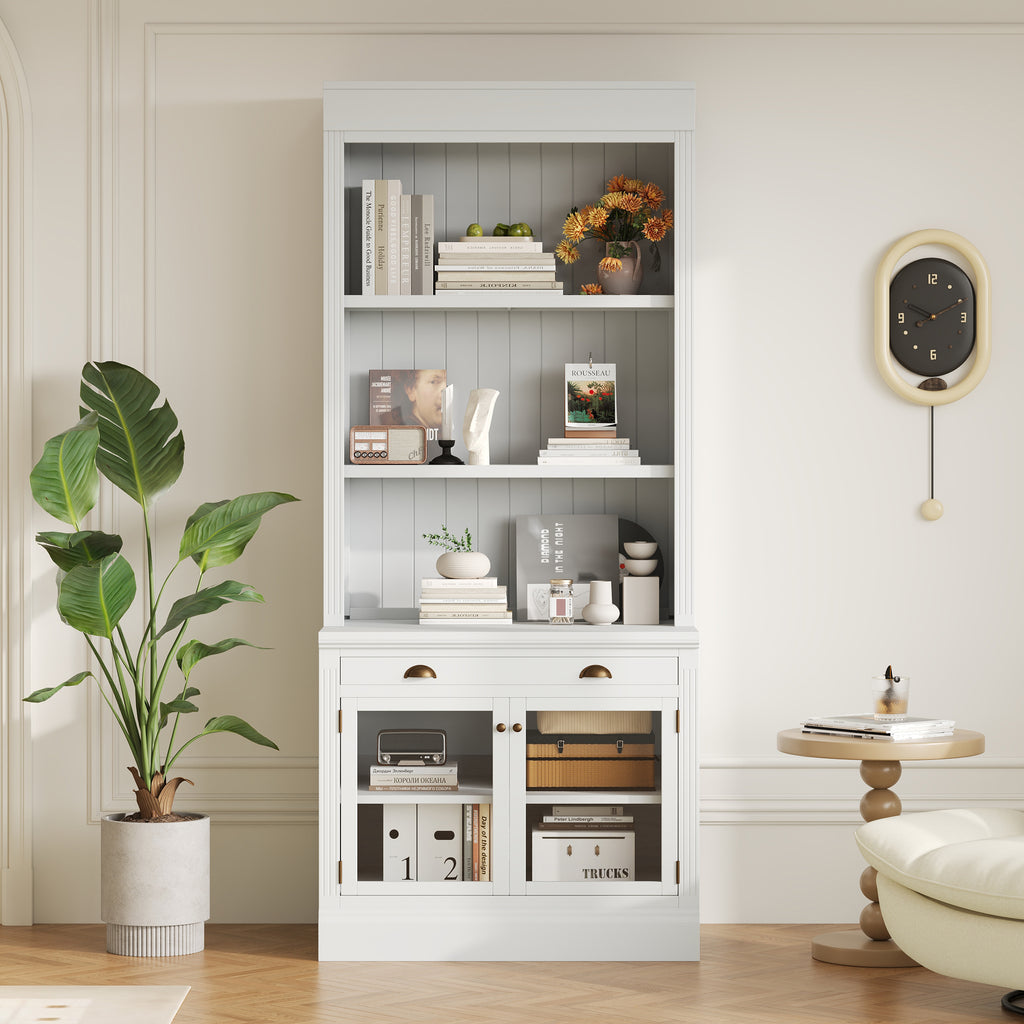 83.4'Tall Bookshelf, Modern Bookcase with 2 Glass Doors and 1 Drawer,Storage Bookcase with Open Shelves for Living Room,Home 